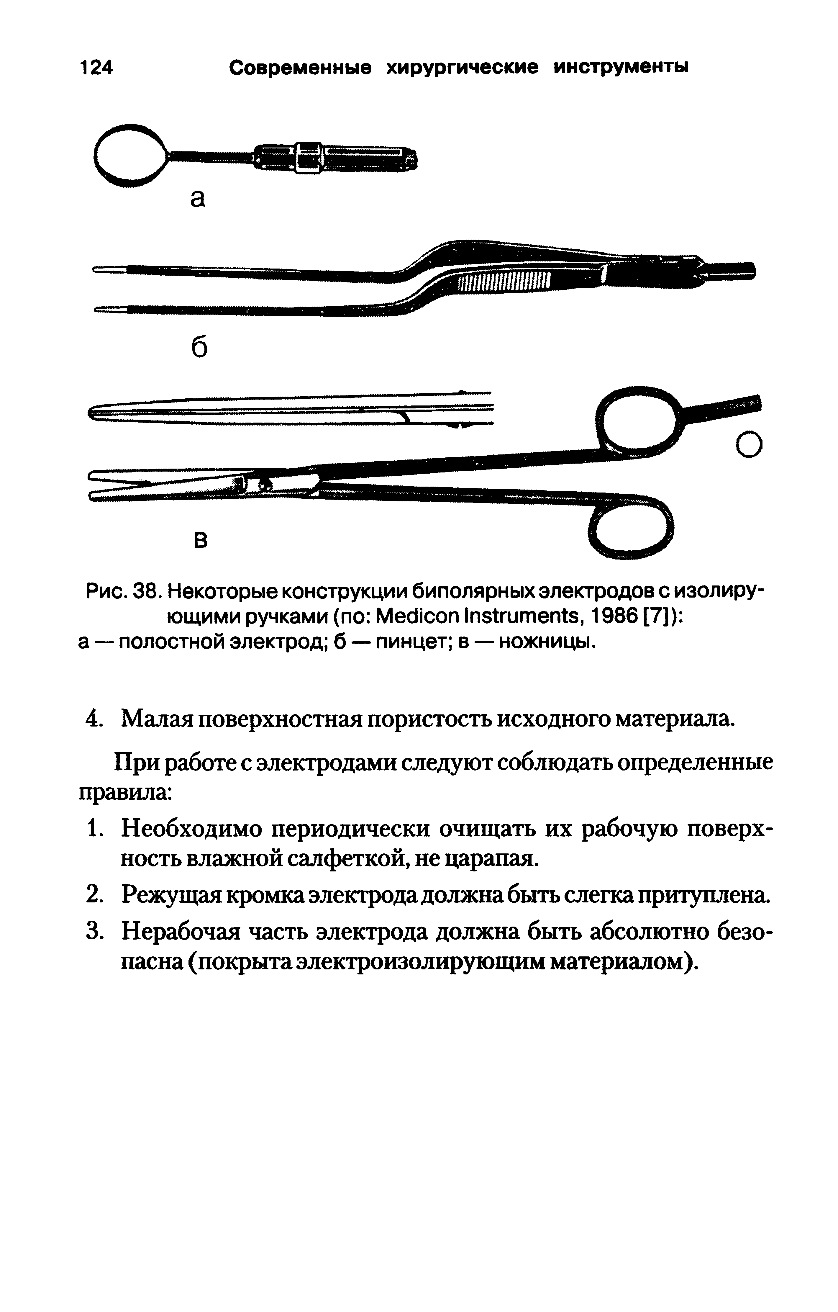 Рис. 38. Некоторые конструкции биполярных электродов с изолирующими ручками (по M I , 1986 [7]) а — полостной электрод б — пинцет в — ножницы.