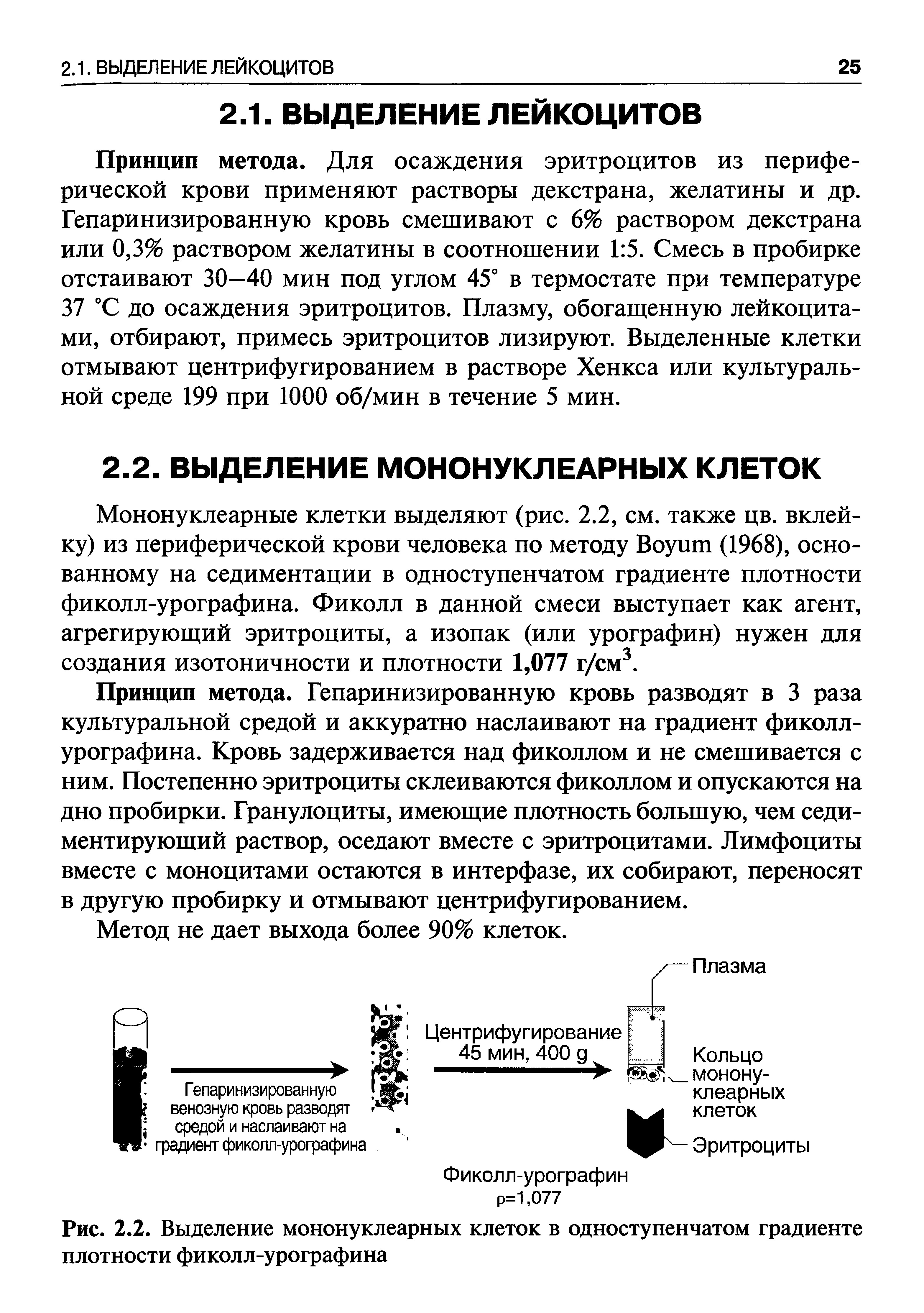 Рис. 2.2. Выделение мононуклеарных клеток в одноступенчатом градиенте плотности фиколл-урографина...