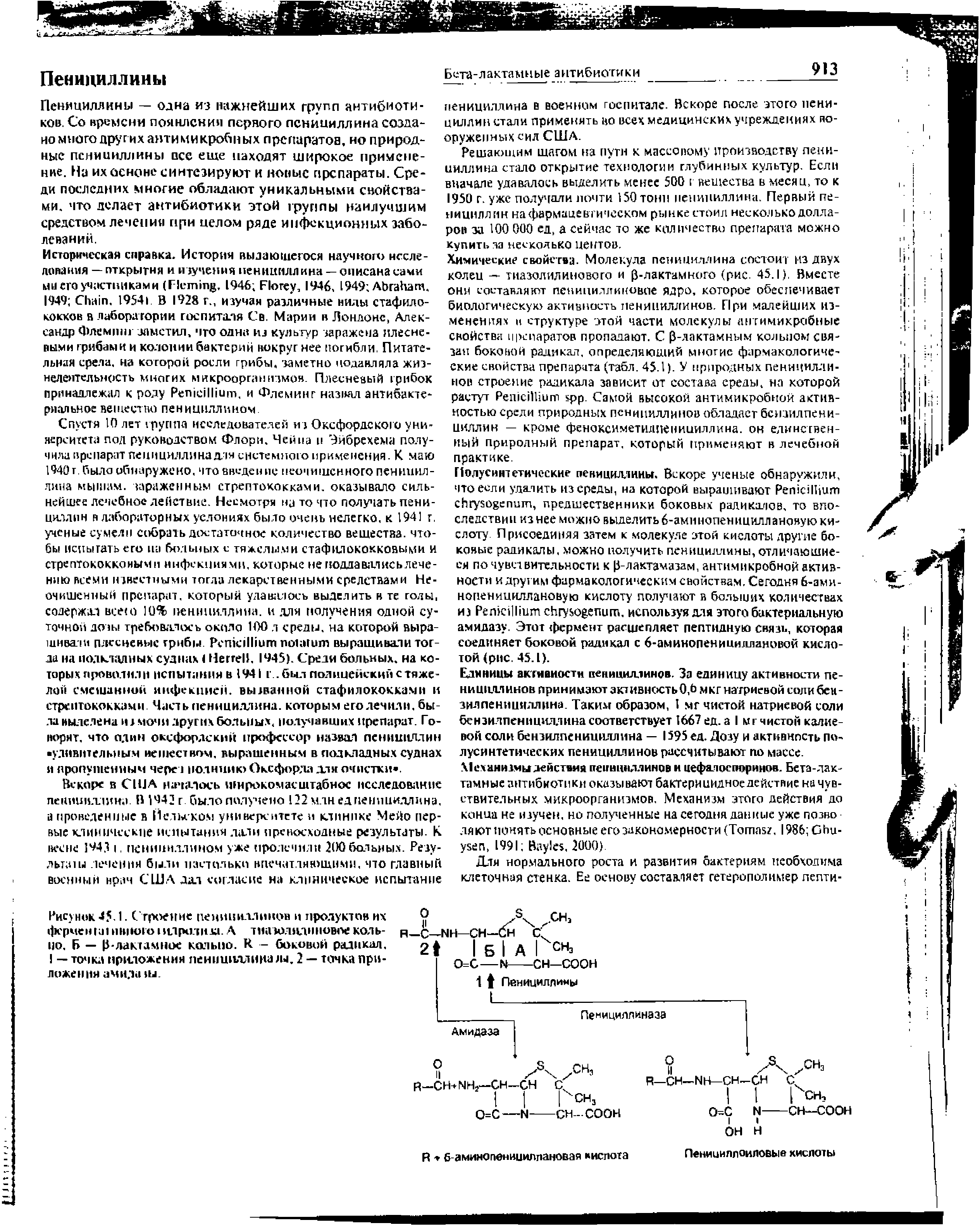 Рисунок 45.1. Строение пенициллинов и продуктов их Йкрче н а I и ш юго цдрот и та. А т назолидн новое кол ь-1Ю. Б — Р-лактамное кольцо. К — боковой радикал. I — точка приложения пенициллина зы, 2 — точка приложения амида ня...