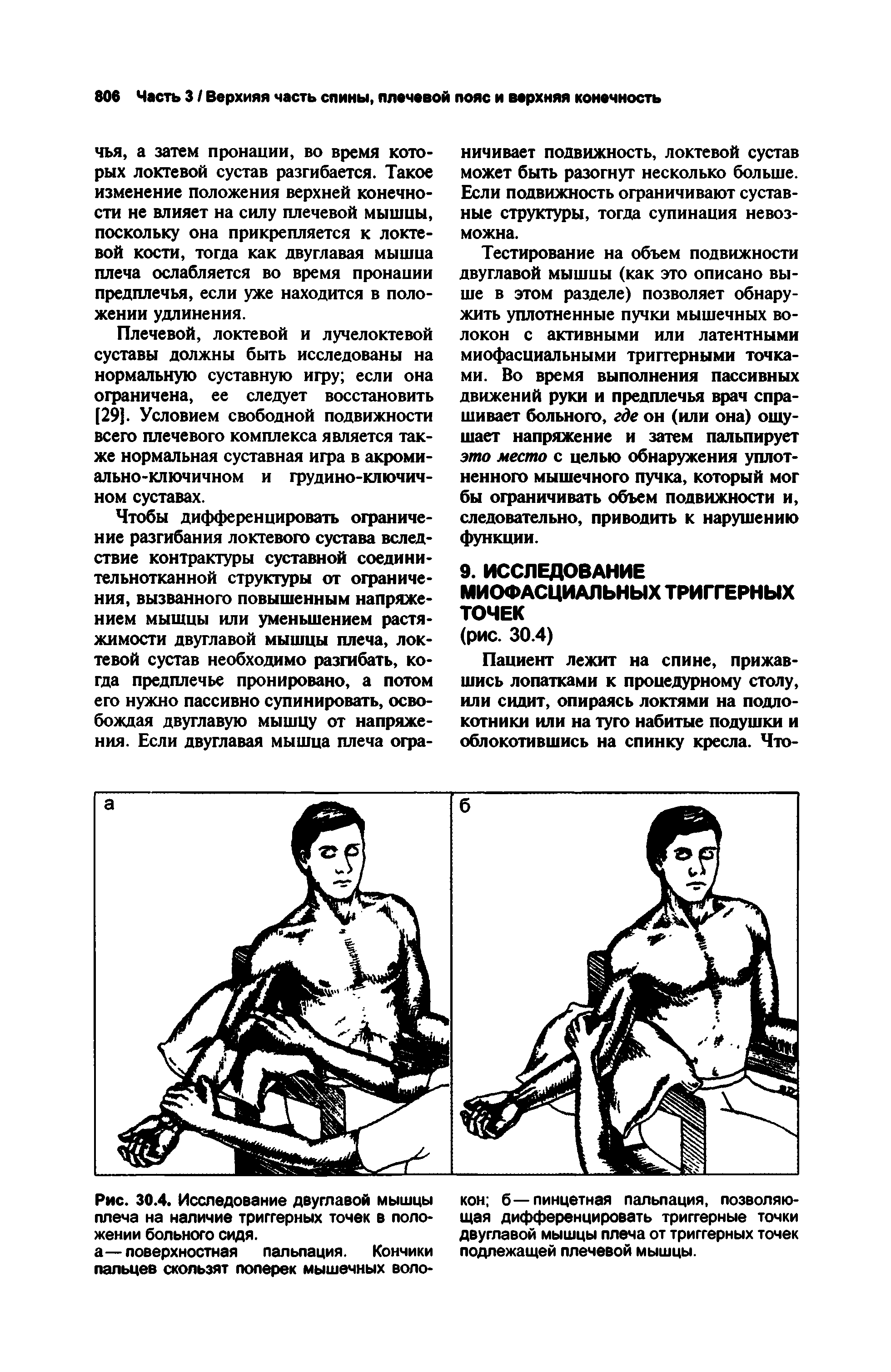 Рис. 30.4. Исследование двуглавой мышцы плеча на наличие триггерных точек в положении больного сидя.