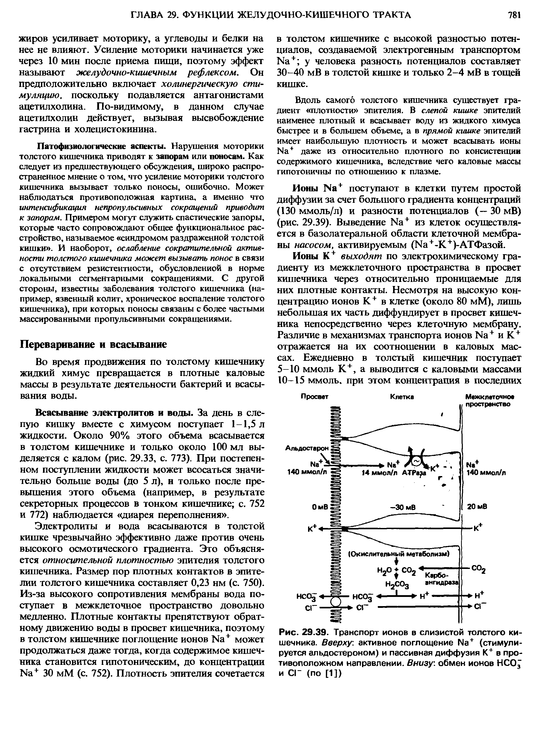 Рис. 29.39. Транспорт ионов в слизистой толстого кишечника. Вверху активное поглощение №+ (стимулируется альдостероном) и пассивная диффузия К+ в противоположном направлении. Внизу обмен ионов НСО и СГ (по [1])...