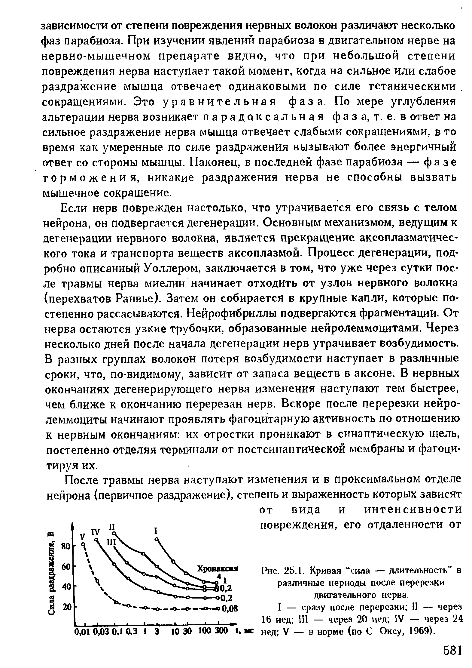 Рис. 25.1. Кривая сила — длительность в различные периоды после перерезки двигательного нерва.