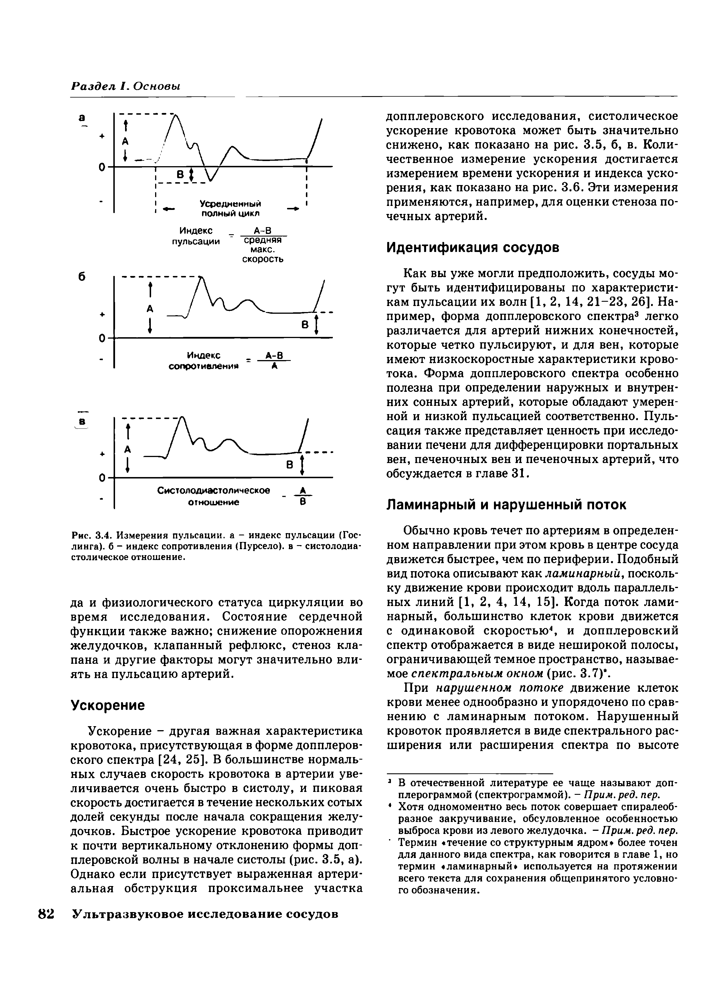 Рис. 3.4. Измерения пульсации, а - индекс пульсации (Гос-линга). б - индекс сопротивления (Пурсело). в - систолодиастолическое отношение.