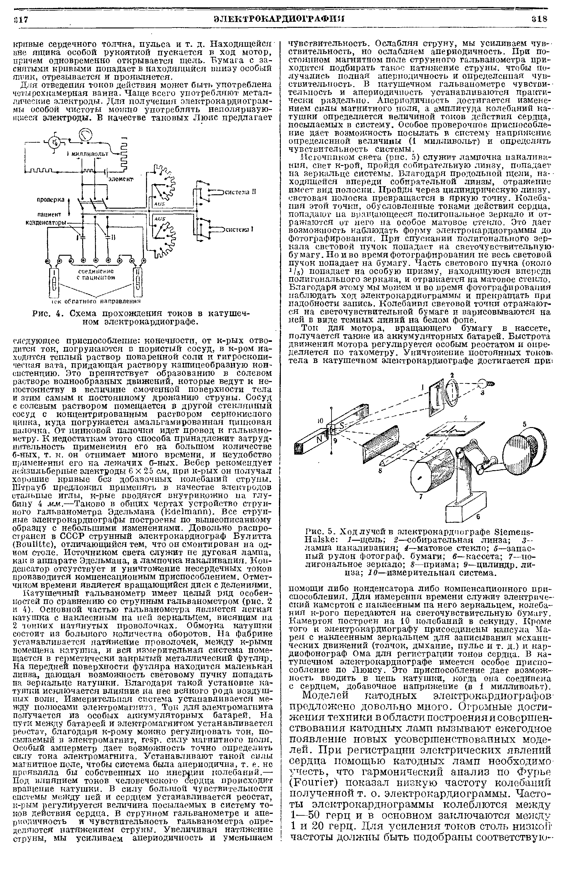 Рис. 5. Ход лучей в электрокардиографе S -H 1—щель 2—собирательная линза з— лампа накаливания 4—матовое стекло 5—запасный рулон фотограф, бумаги в—кассета 7—полигональное зеркало 8—призма 9—цилиндр, линза 10—измерительная система.