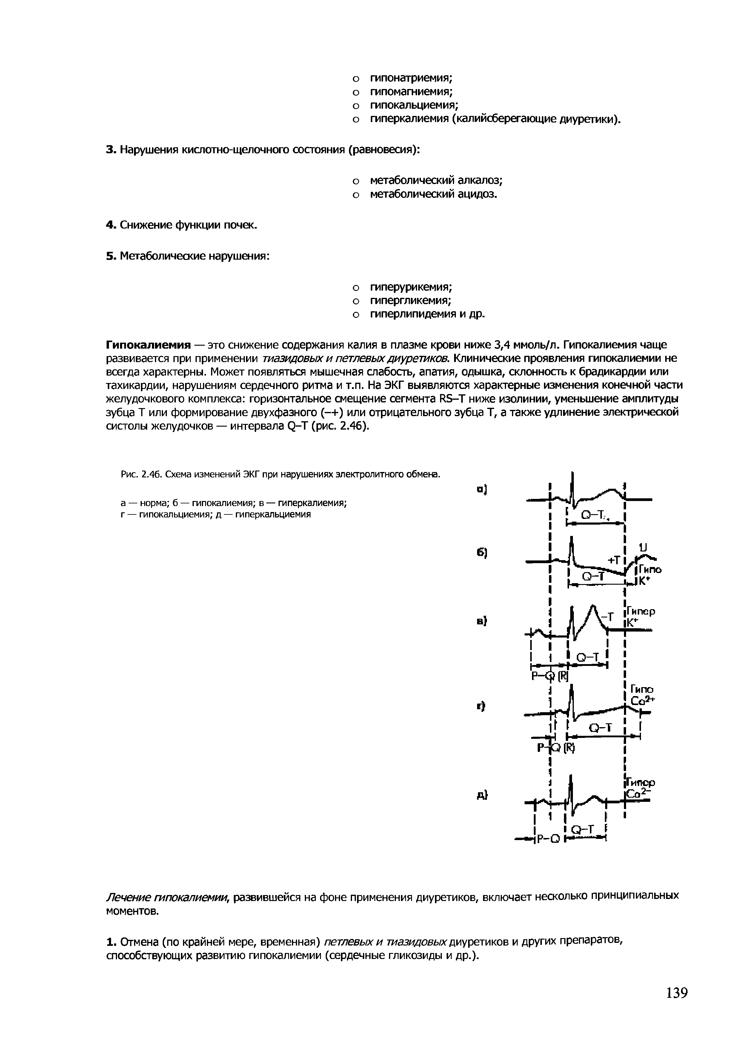Рис. 2.46. Схема изменений ЭКГ при нарушениях электролитного обмена, а — норма б — гипокалиемия в — гиперкалиемия ...