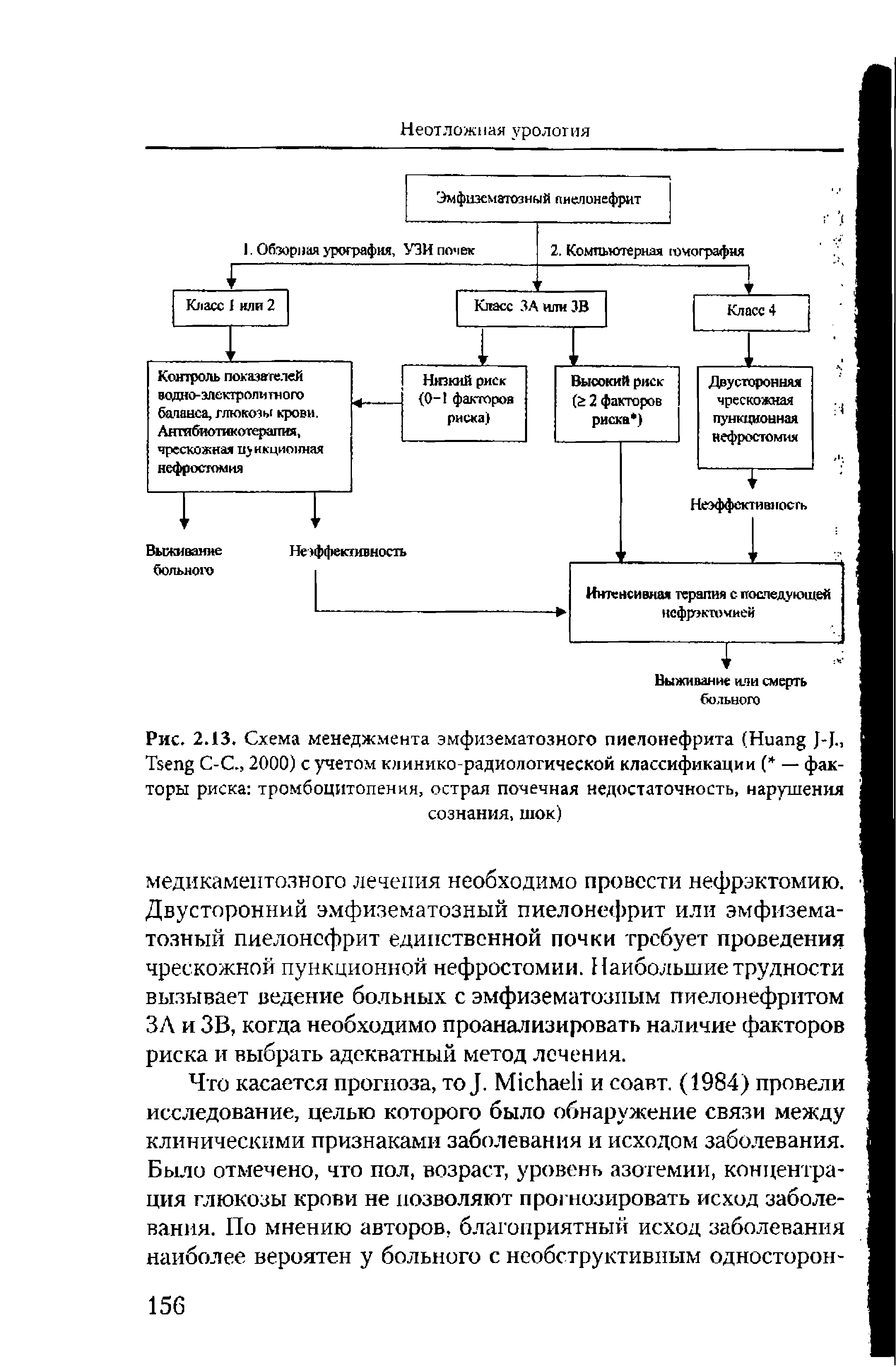 Рис. 2.13. Схема менеджмента эмфизематозного пиелонефрита (H J-J., T C-С., 2000) с учетом клинико-радиологической классификации ( — факторы риска тромбоцитопения, острая почечная недостаточность, нарушения сознания, шок)...