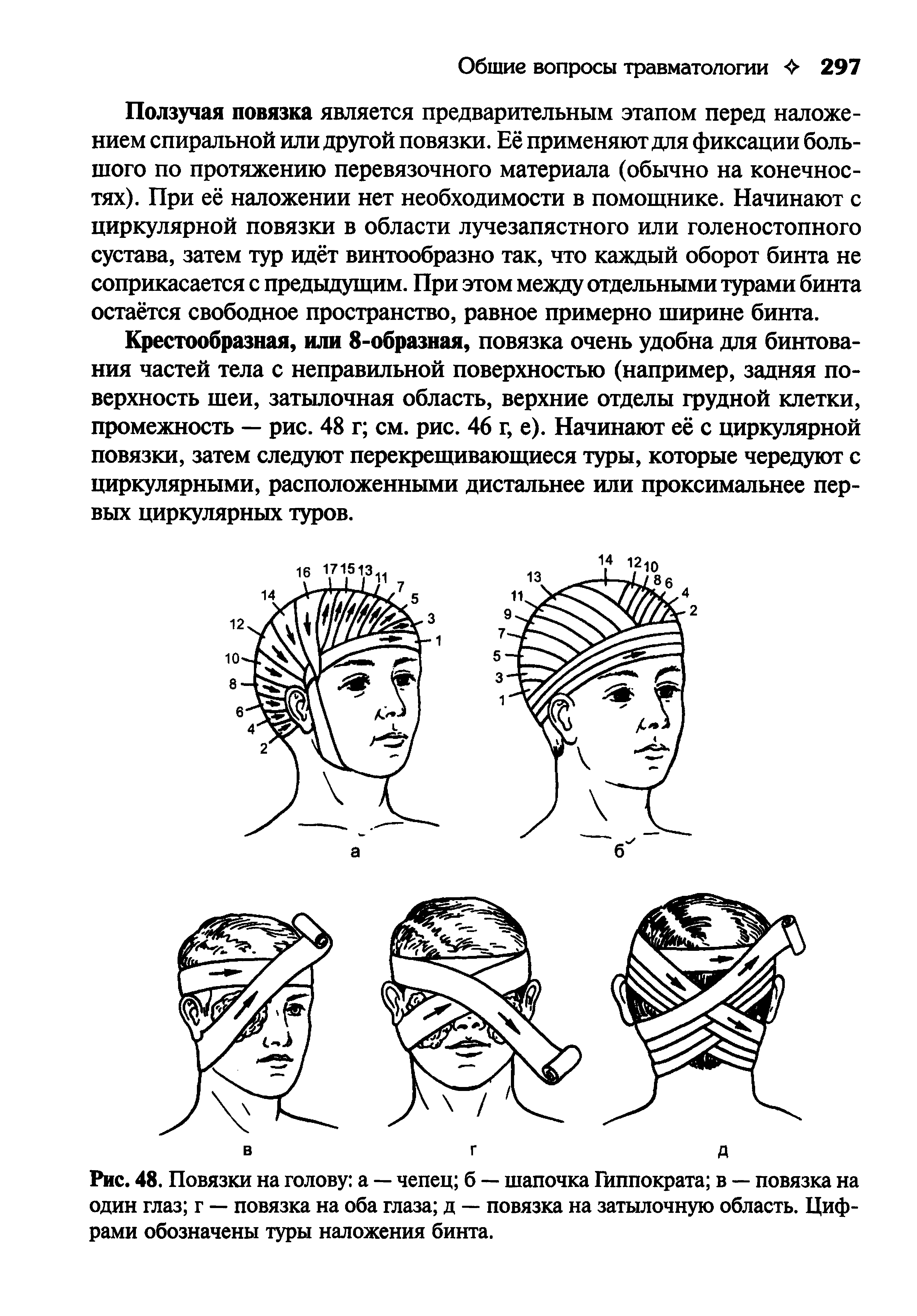 Рис. 48. Повязки на голову а — чепец б — шапочка Гиппократа в — повязка на один глаз г — повязка на оба глаза д — повязка на затылочную область. Цифрами обозначены туры наложения бинта.