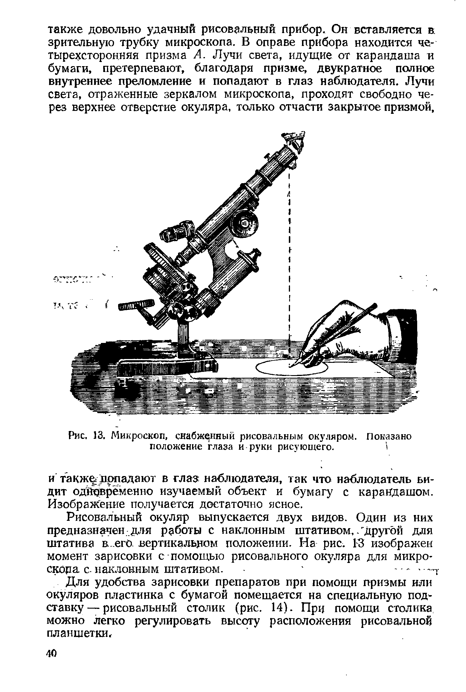 Рис. 13. Микроскоп, снабженный рисовальным окуляром. Показано положение глаза и руки рисующего. I...