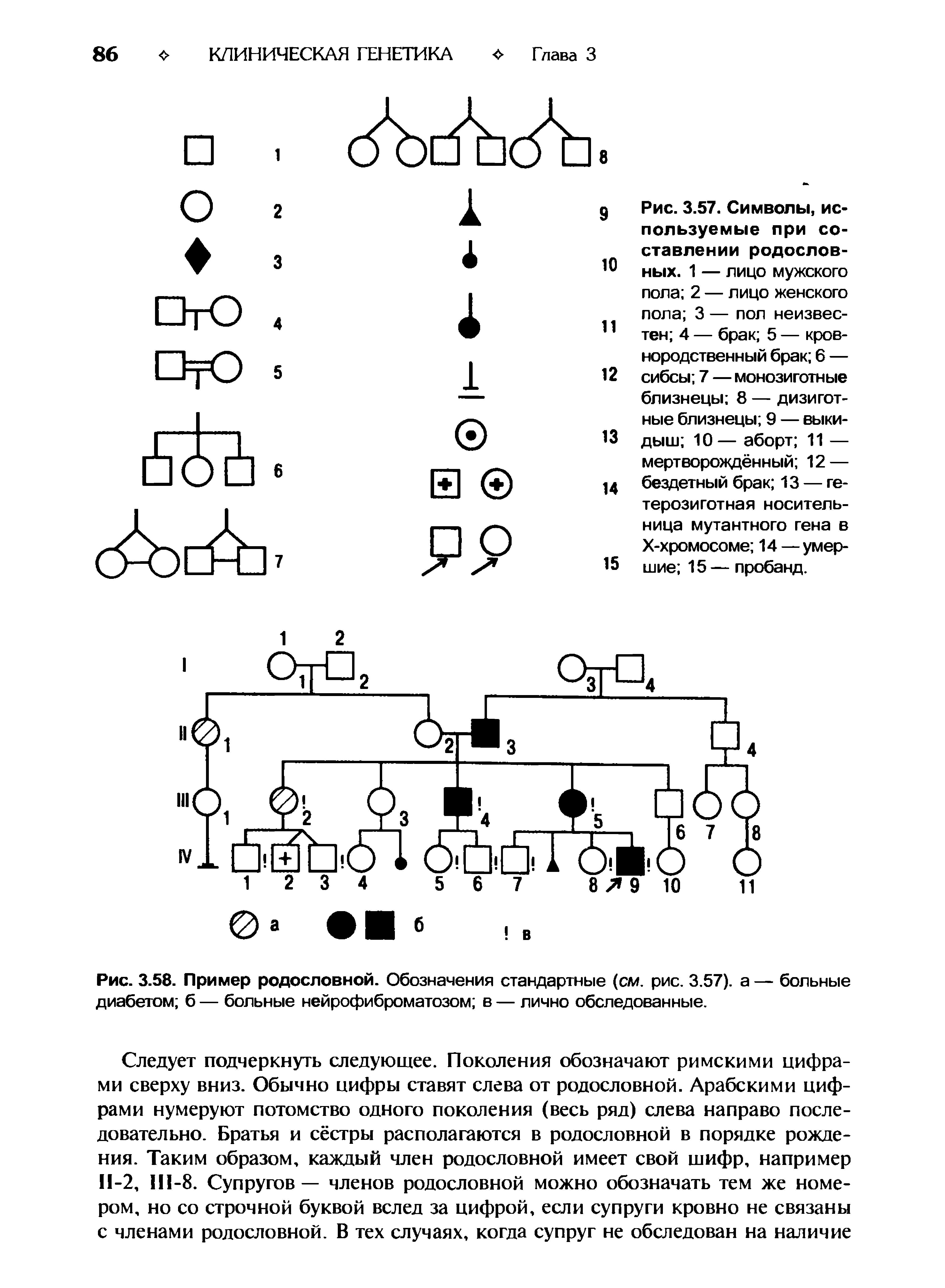 Рис. 3.57. Символы, используемые при составлении родословных. 1 — лицо мужского пола 2 — лицо женского пола 3 — пол неизвестен 4 — брак 5 — кровнородственный брак 6 — сибсы 7 — монозиготные близнецы 8 — дизигот-ные близнецы 9 — выкидыш 10— аборт 11 — мертворождённый 12 — бездетный брак 13 — гетерозиготная носительница мутантного гена в Х-хромосоме 14 — умершие 15 — пробанд.