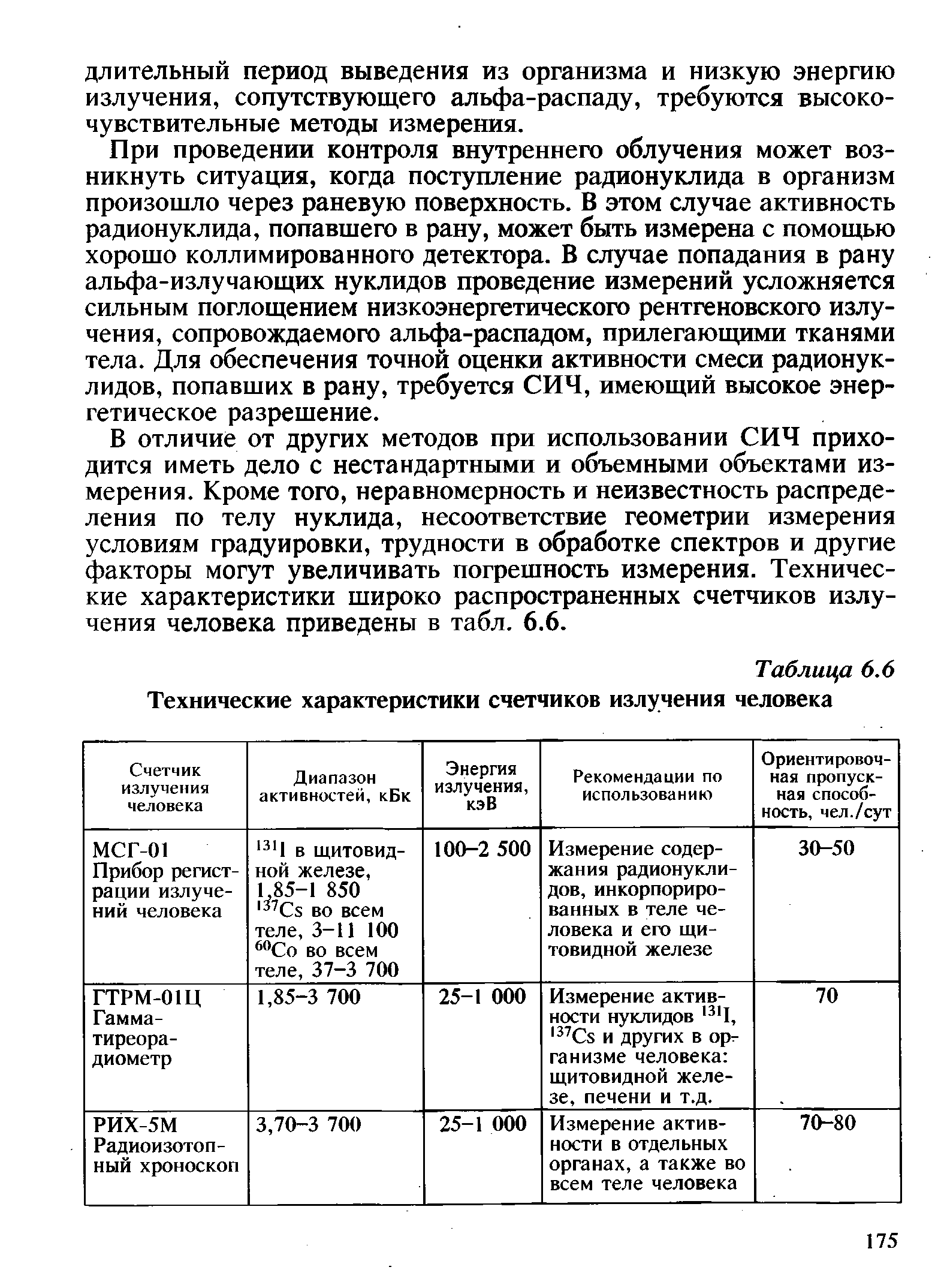 Таблица 6.6 Технические характеристики счетчиков излучения человека...