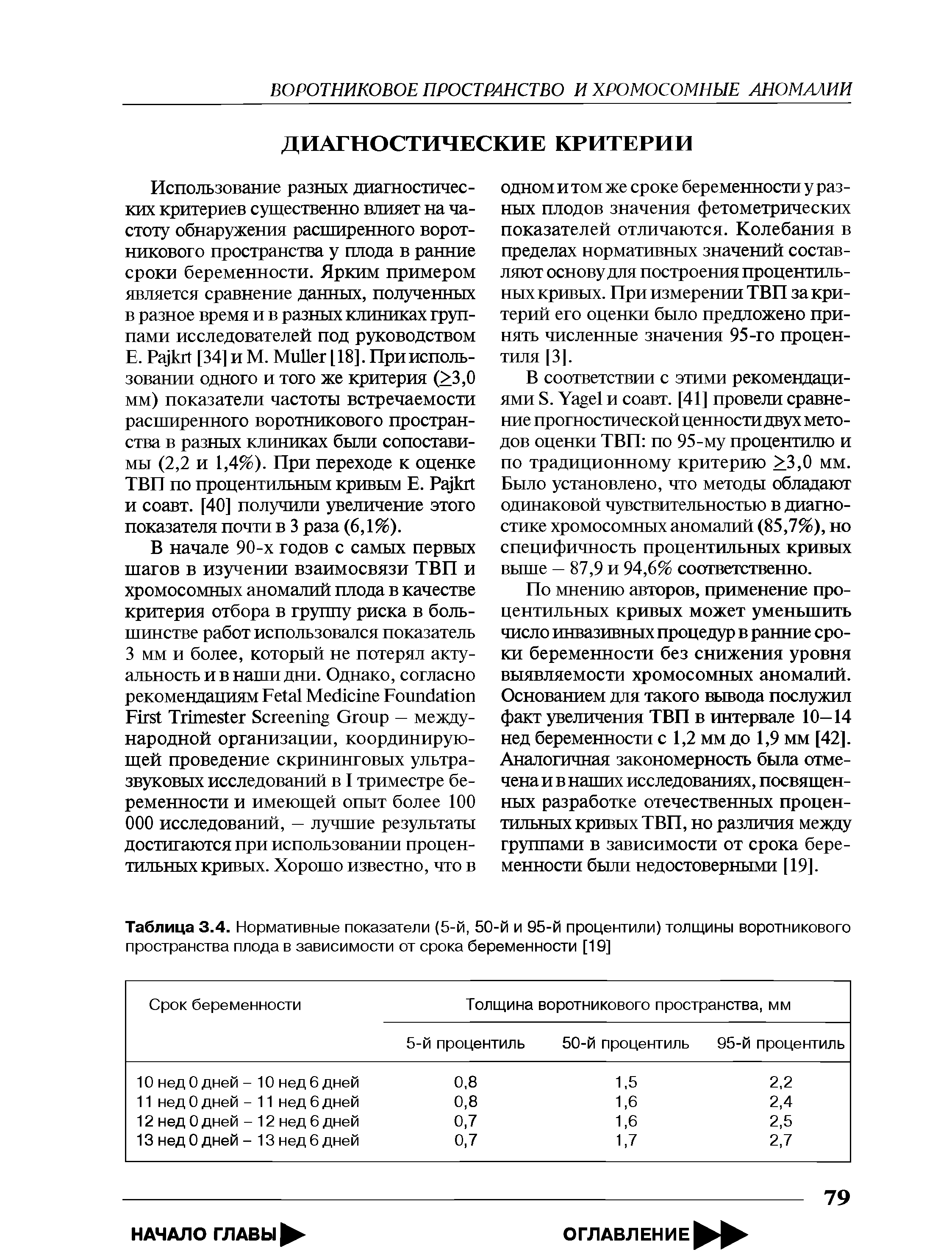 Таблица 3.4. Нормативные показатели (5-й, 50-й и 95-й процентили) толщины воротникового пространства плода в зависимости от срока беременности [19]...