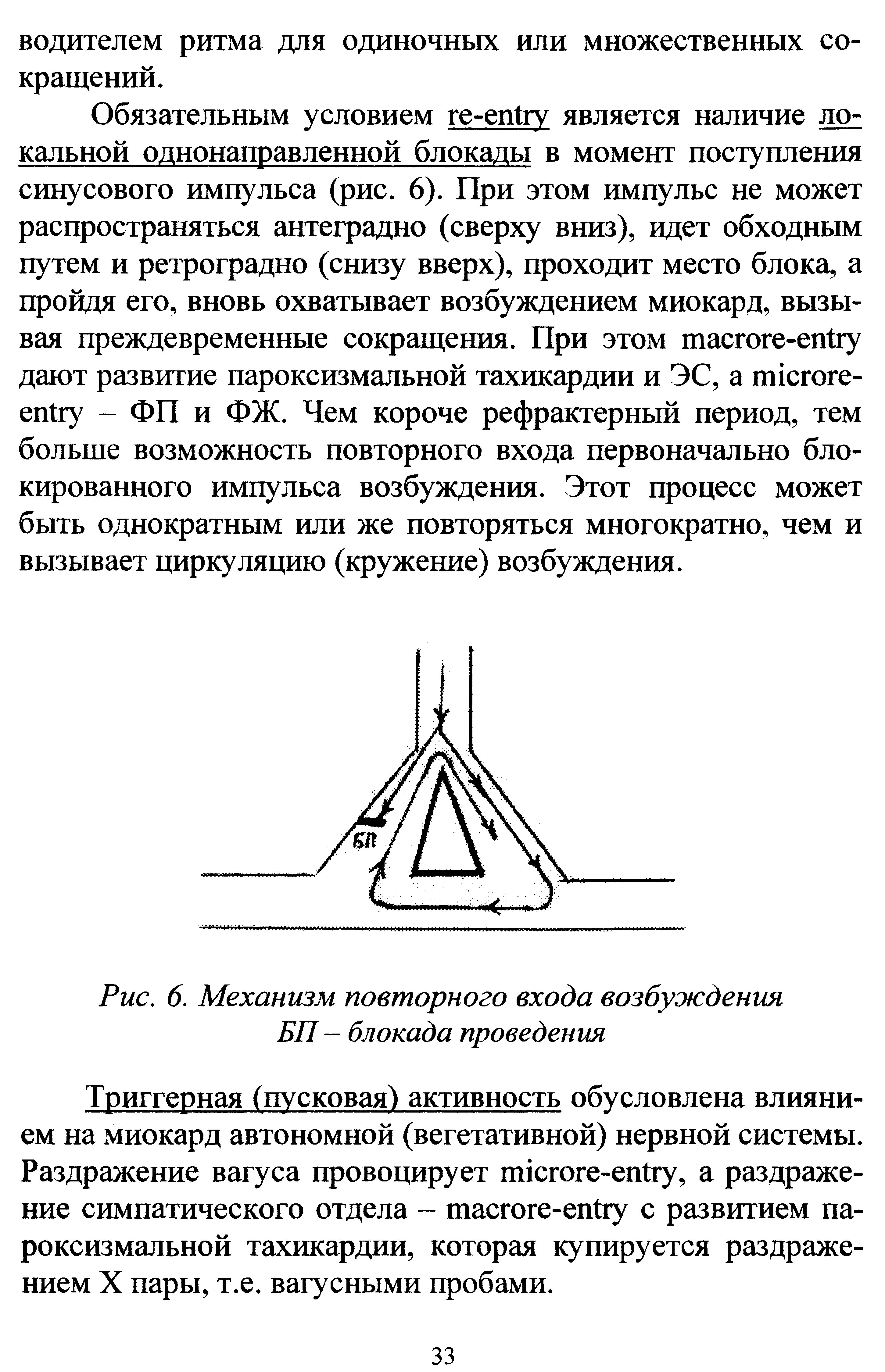 Рис. 6. Механизм повторного входа возбуждения БП - блокада проведения...