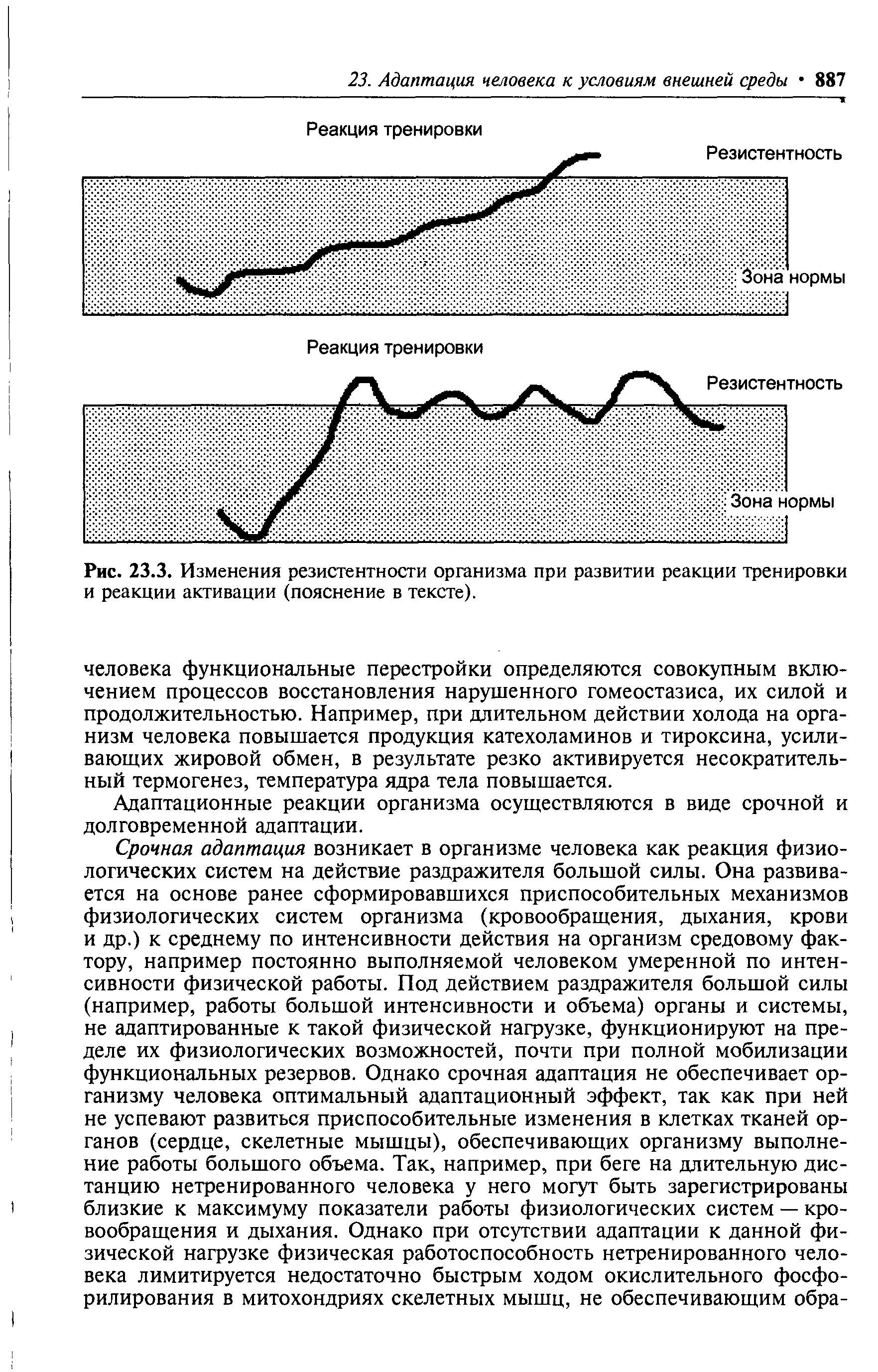 Рис. 23.3. Изменения резистентности организма при развитии реакции тренировки и реакции активации (пояснение в тексте).