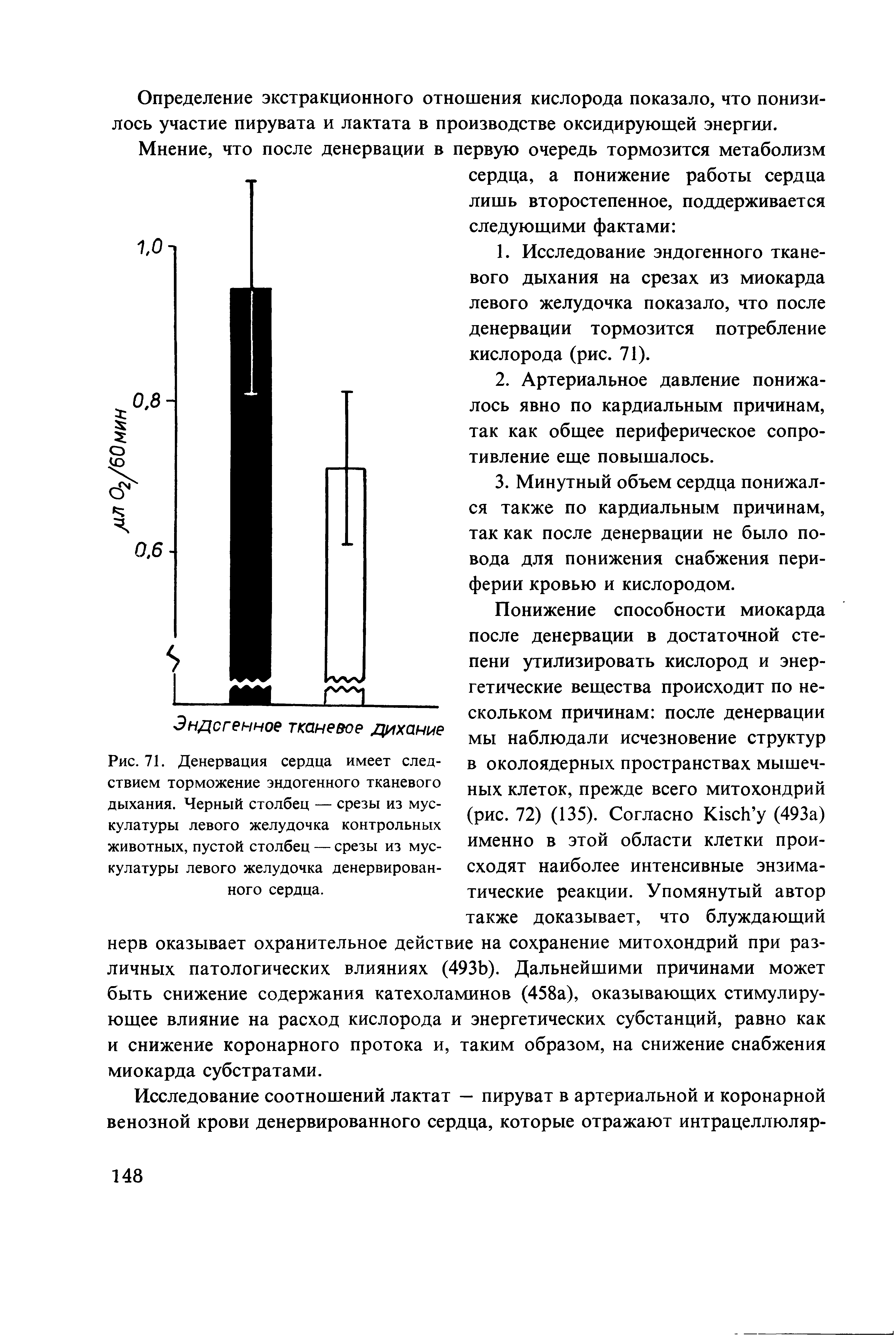 Рис. 71. Денервация сердца имеет следствием торможение эндогенного тканевого дыхания. Черный столбец — срезы из мускулатуры левого желудочка контрольных животных, пустой столбец — срезы из мускулатуры левого желудочка денервированного сердца.