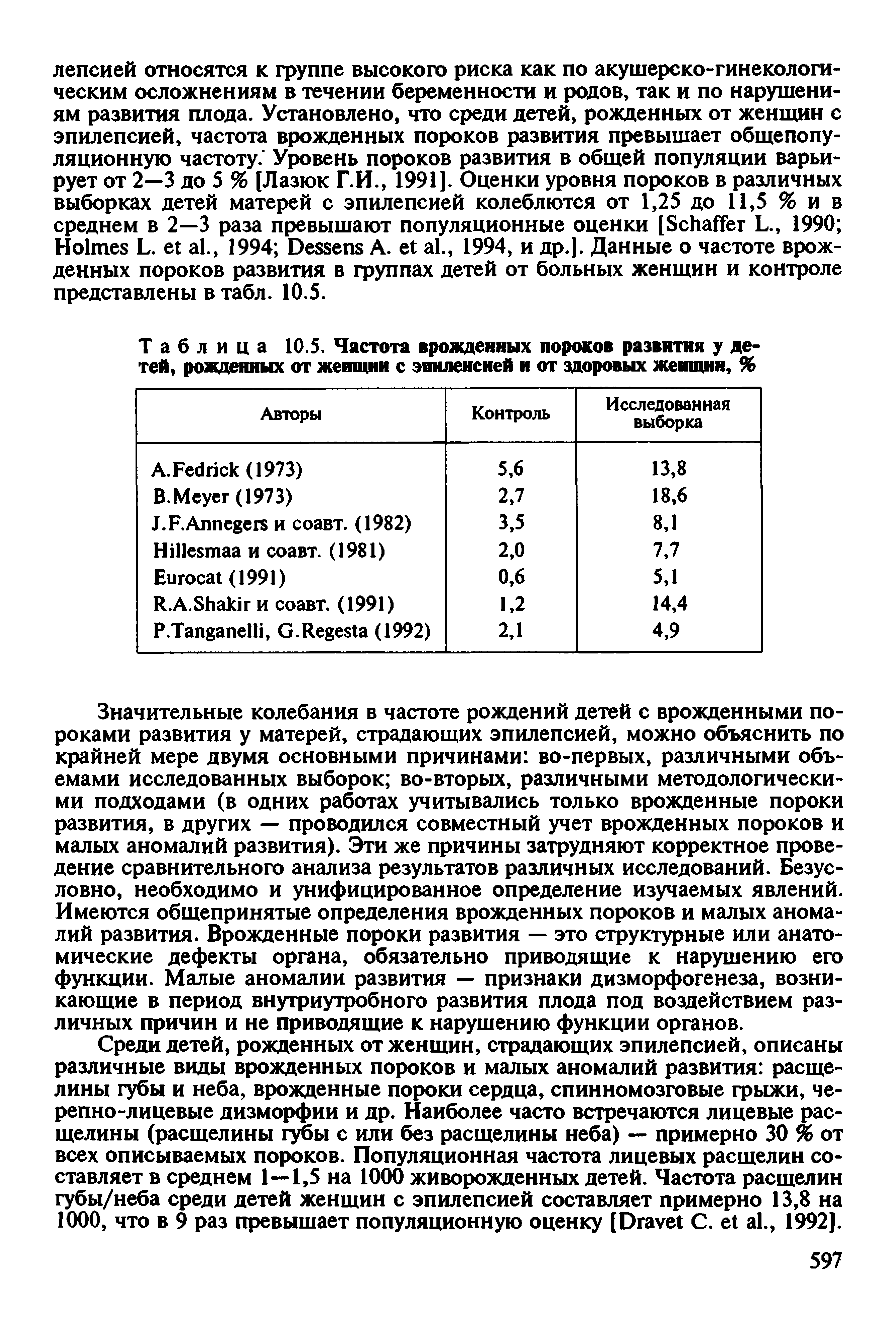 Таблица 10.5. Частота врожденных пороков развития у детей, рожденных от женщин с эпилепсией и от здоровых женщин, %...