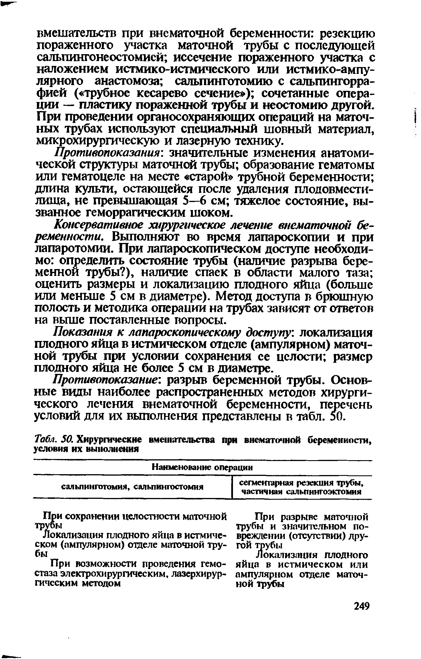 Табл. 50. Хирургические вмешательства при внематочной беременности, условия их выполнения...