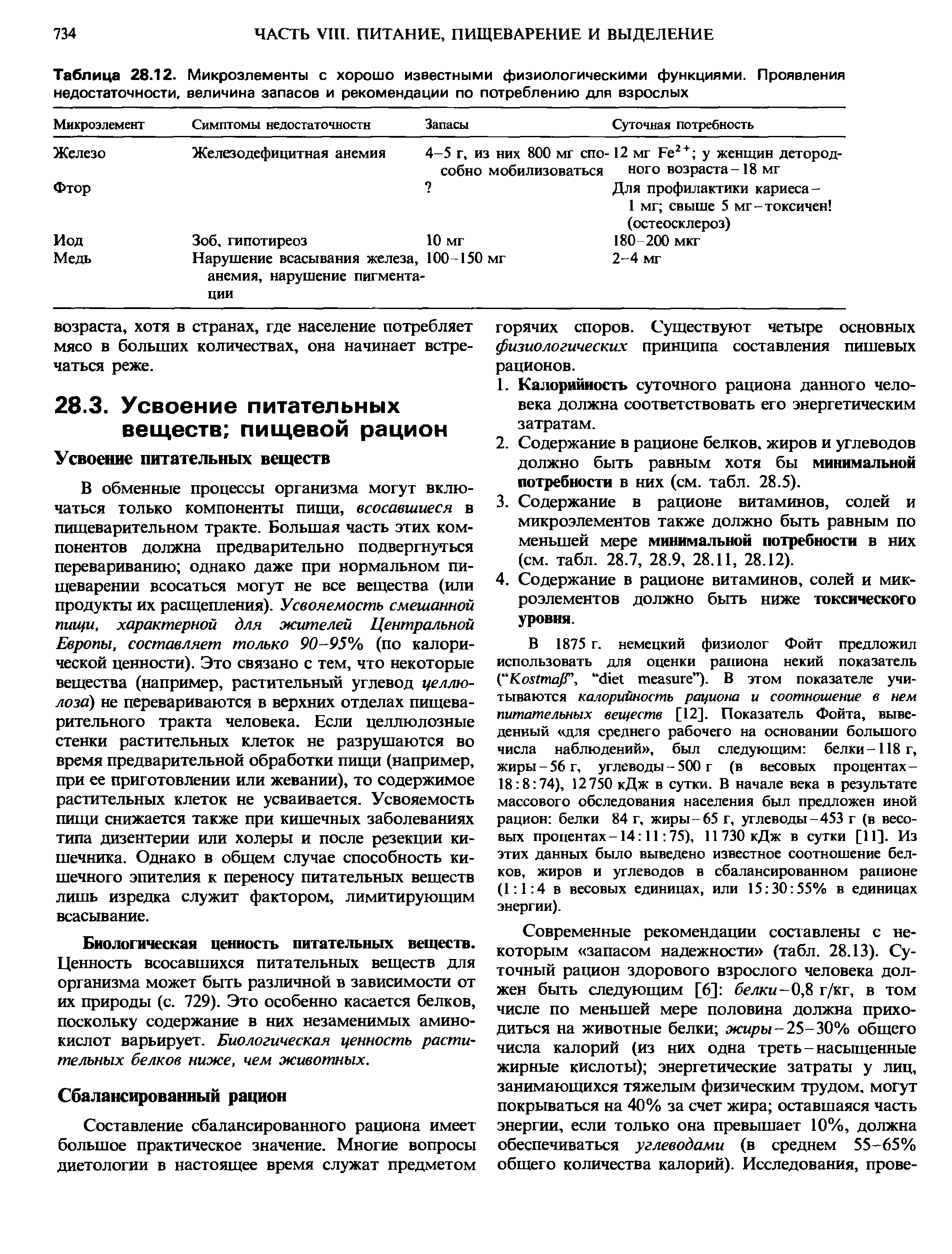 Таблица 28.12. Микроэлементы с хорошо известными физиологическими функциями. Проявления недостаточности, величина запасов и рекомендации по потреблению для взрослых...