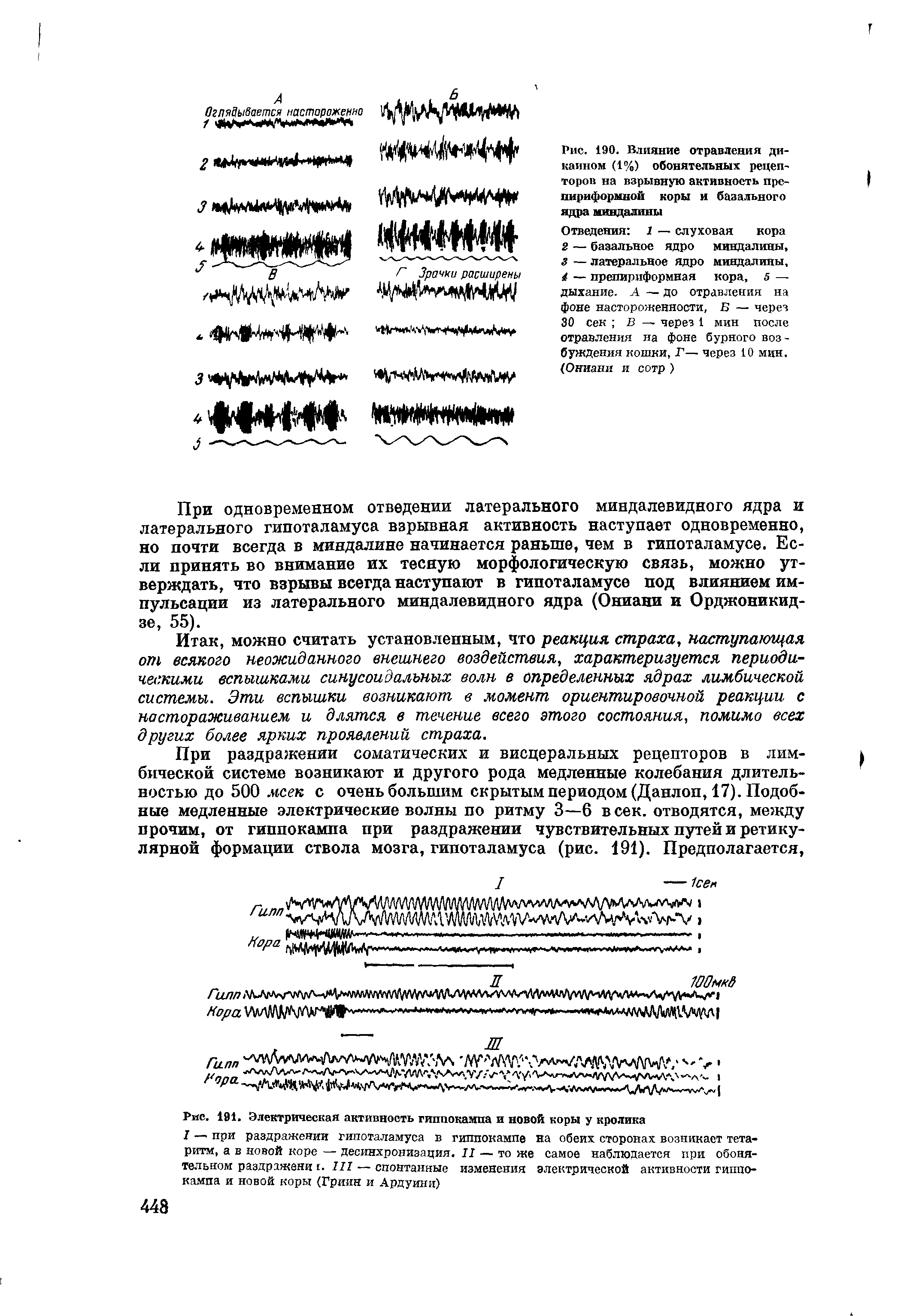 Рис. 190. Влияние отравления дикаином (1%) обонятельных рецепторов на взрывную активность пре-пириформной коры и базального ядра миндалины...