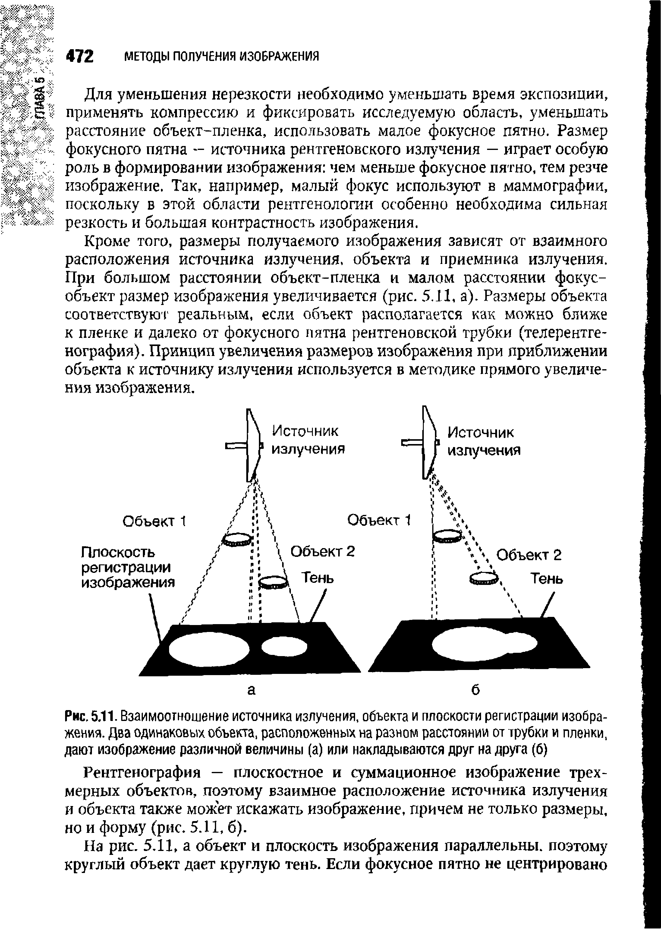 Рис. 5.11. Взаимоотношение источника излучения, объекта и плоскости регистрации изображения. Два одинаковых объекта, расположенных на разном расстоянии от трубки и пленки, дают изображение различной величины (а) или накладываются друг на друга (б)...