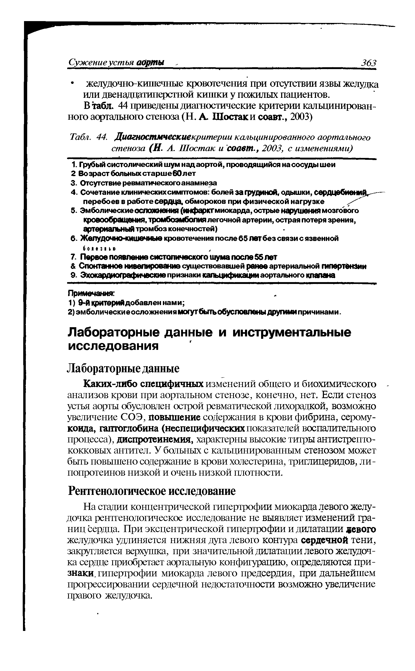 Табл. 44. Диагносттескиекритерии кальцинированного аортального стеноза (НА. Шостак и соавт., 2003, с изменениями)...