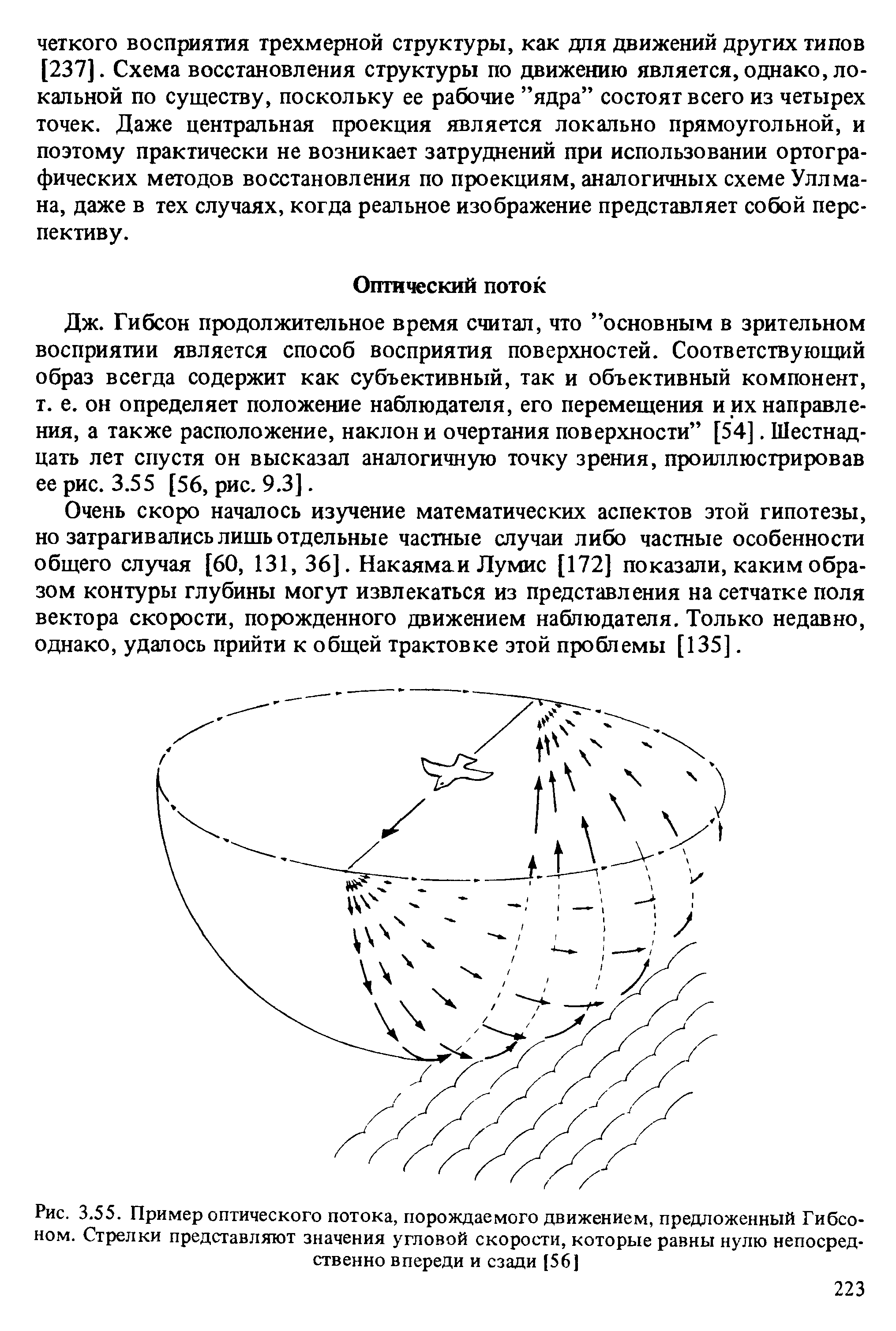 Рис. 3.55. Пример оптического потока, порождаемого движением, предложенный Гибсоном. Стрелки представляют значения угловой скорости, которые равны нулю непосредственно впереди и сзади [56]...