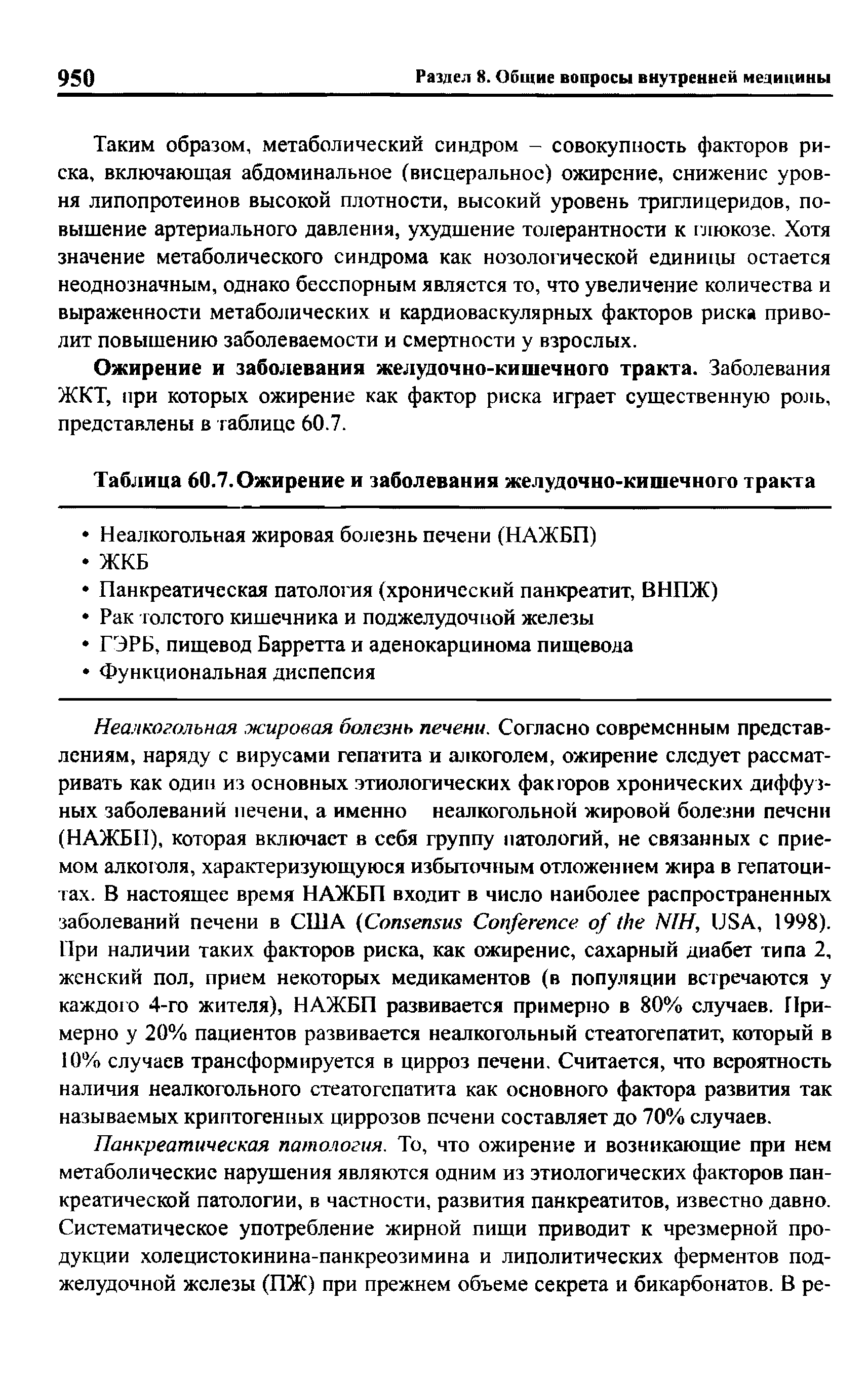 Таблица 60.7. Ожирение и заболевания желудочно-кишечного тракта...