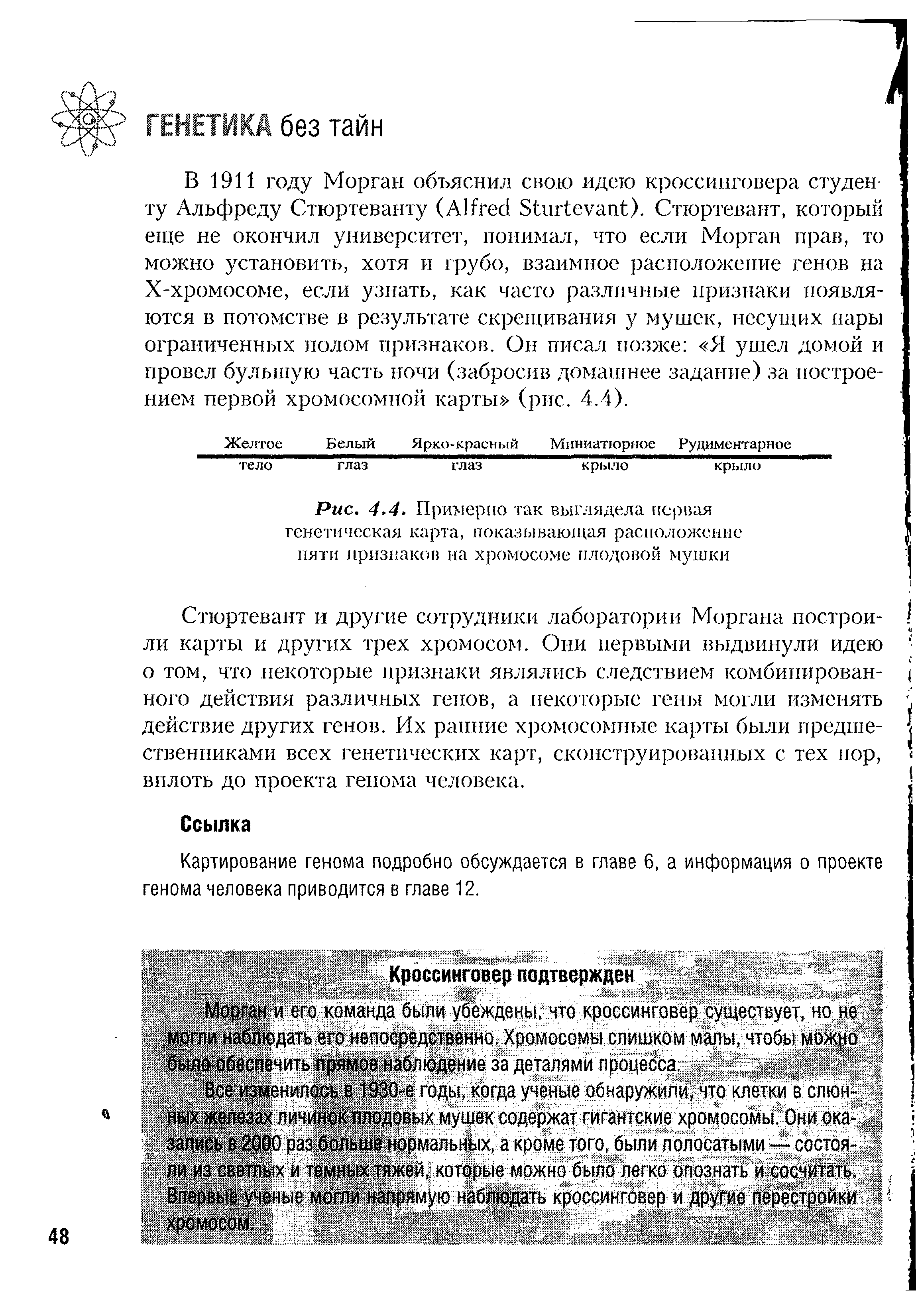 Рис. 4.4. Примерно так выглядела первая генетическая карта, показывающая расположение пяти признаков на хромосоме плодовой мушки...