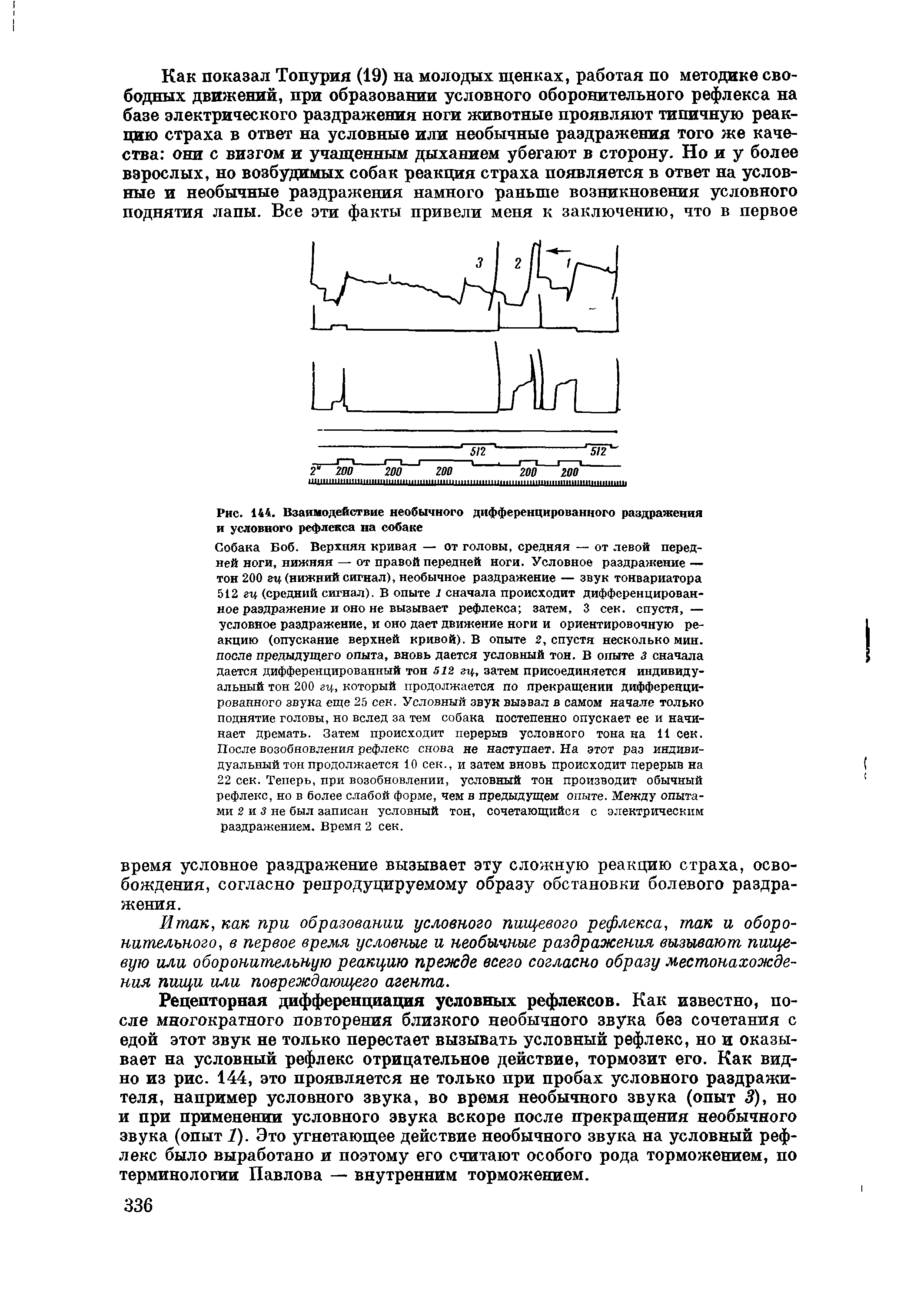 Рис. 144. Взаимодействие необычного дифференцированного раздражения и условного рефлекса на собаке...