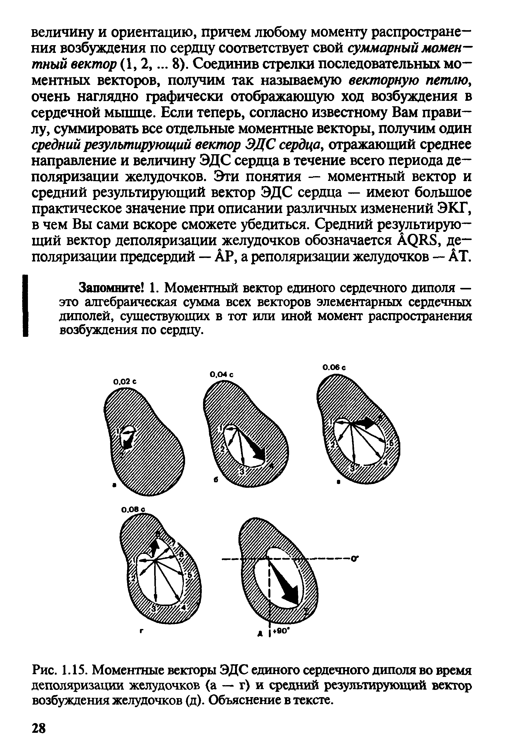 Рис. 1.15. Моментные векторы ЭДС единого сердечного диполя во время деполяризации желудочков (а — г) и средний результирующий вектор возбуждения желудочков (д). Объяснение в тексте.