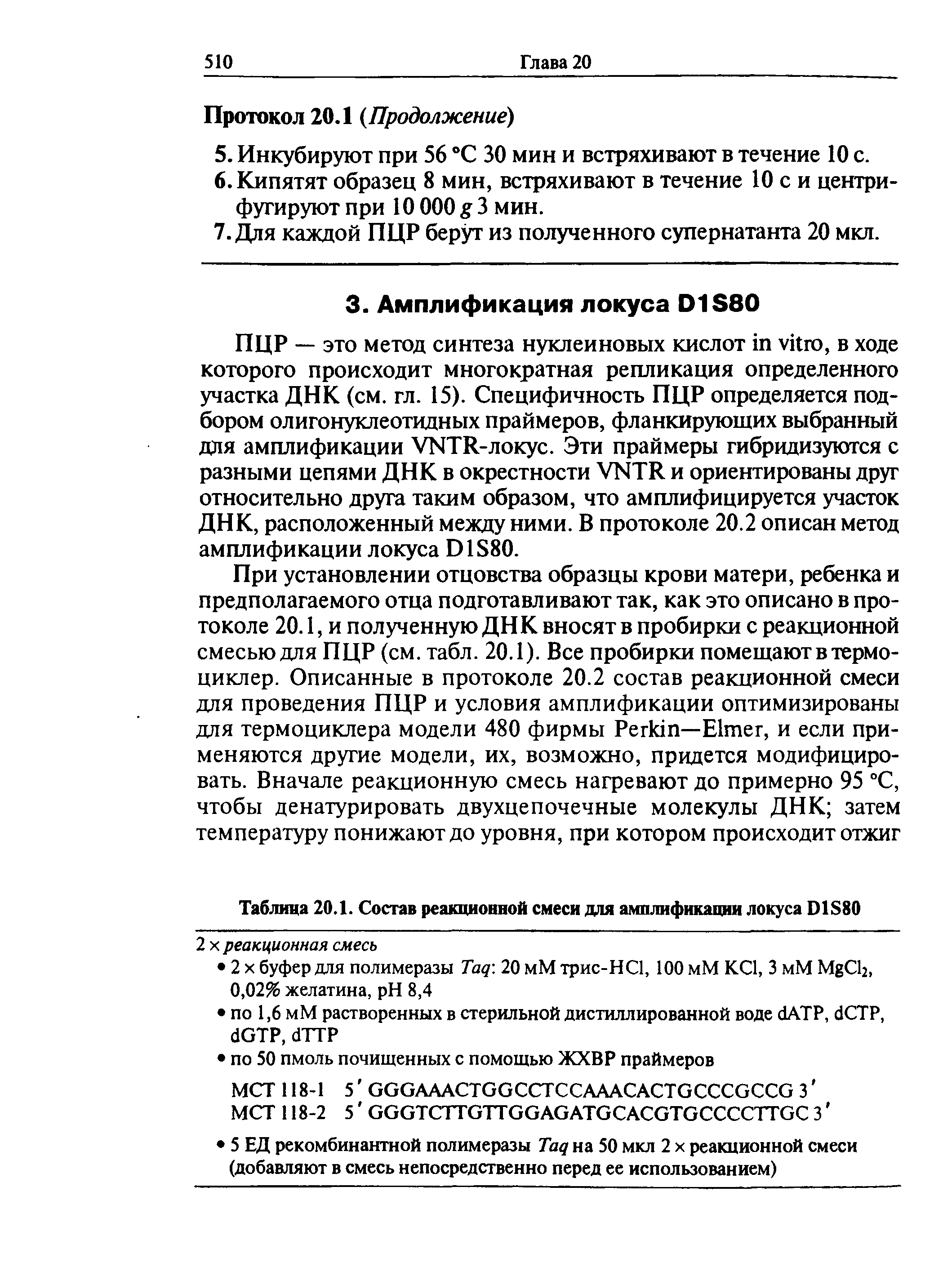 Таблица 20.1. Состав реакционной смеси для амплификации локуса D1S80...