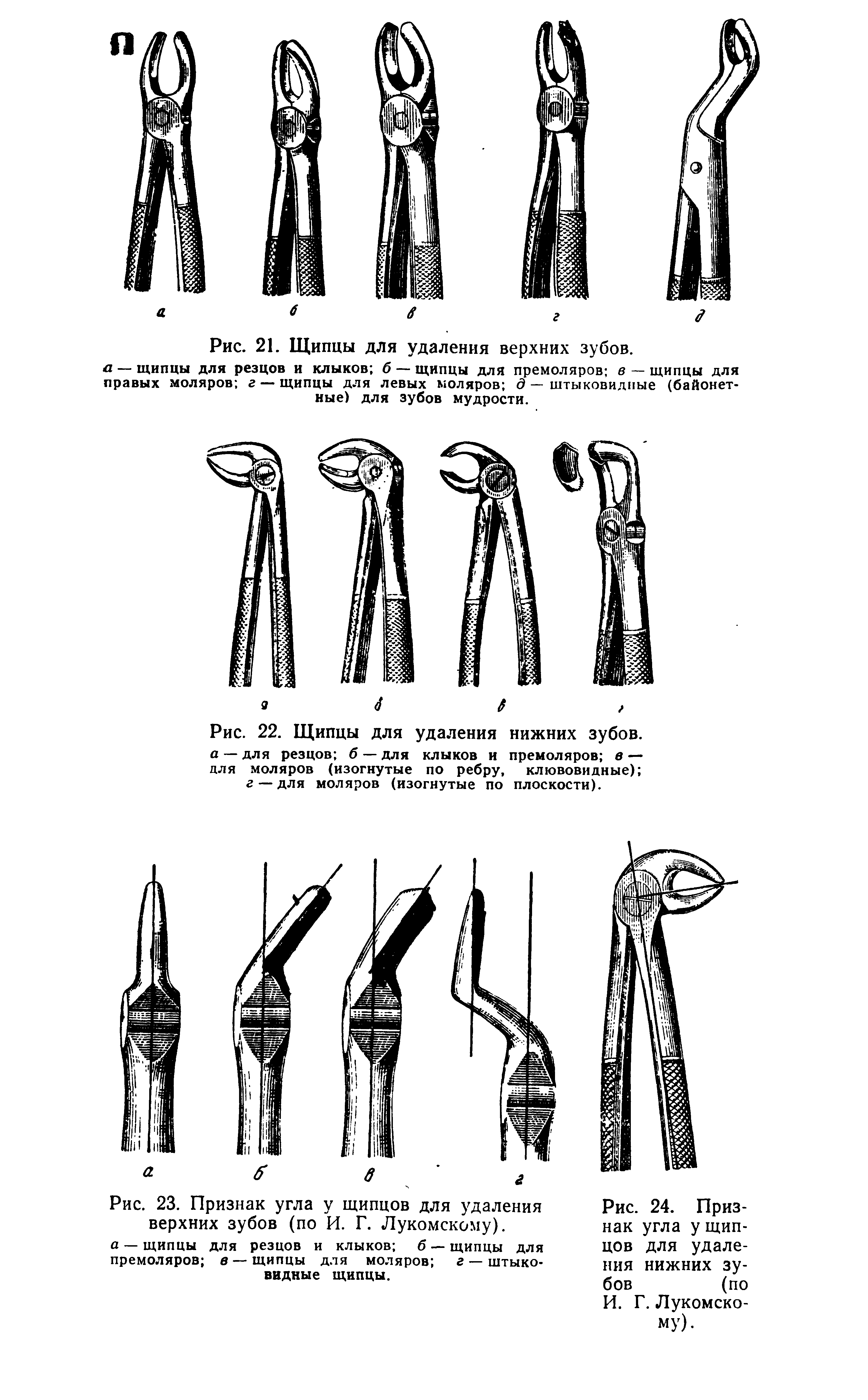 Рис. 22. Щипцы для удаления нижних зубов. а — для резцов б — для клыков и премоляров в — для моляров (изогнутые по ребру, клювовидные) г —для моляров (изогнутые по плоскости).