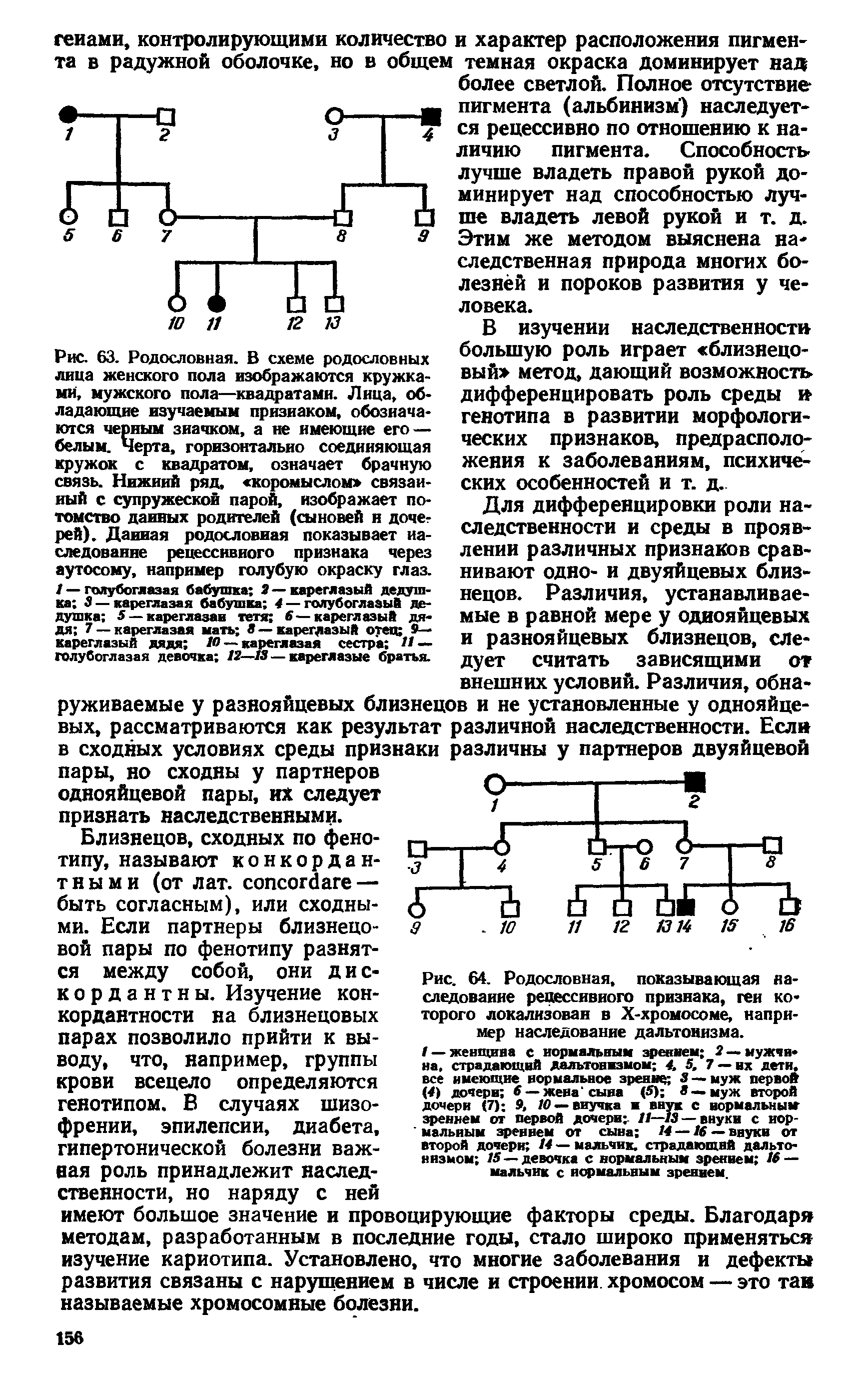 Рис. 64. Родословная, показывающая следование рецессивного признака, геи торого локализован в Х-хромосоме, например наследование дальтонизма.