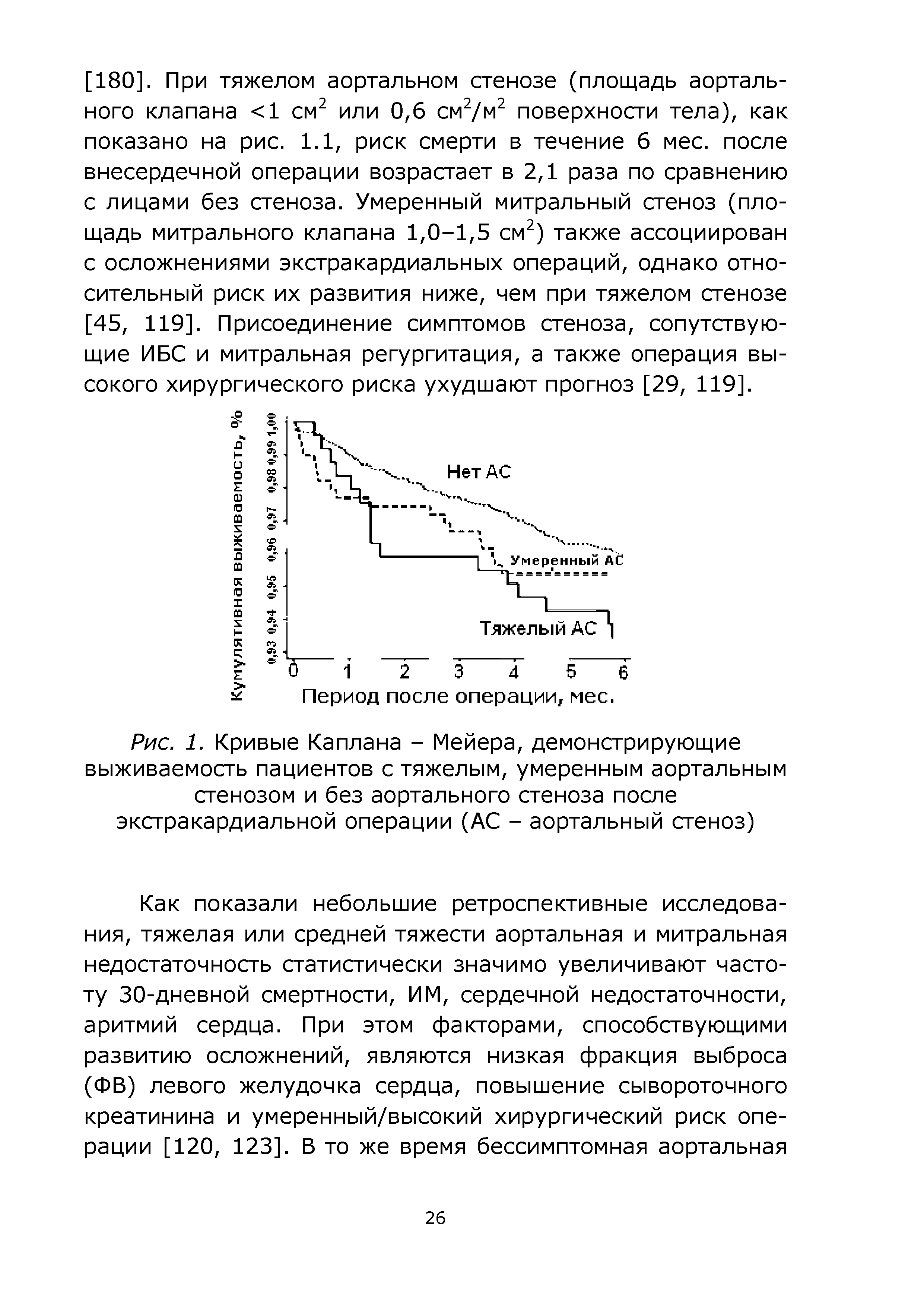 Рис. 1. Кривые Каплана - Мейера, демонстрирующие выживаемость пациентов с тяжелым, умеренным аортальным стенозом и без аортального стеноза после экстракардиальной операции (АС - аортальный стеноз)...