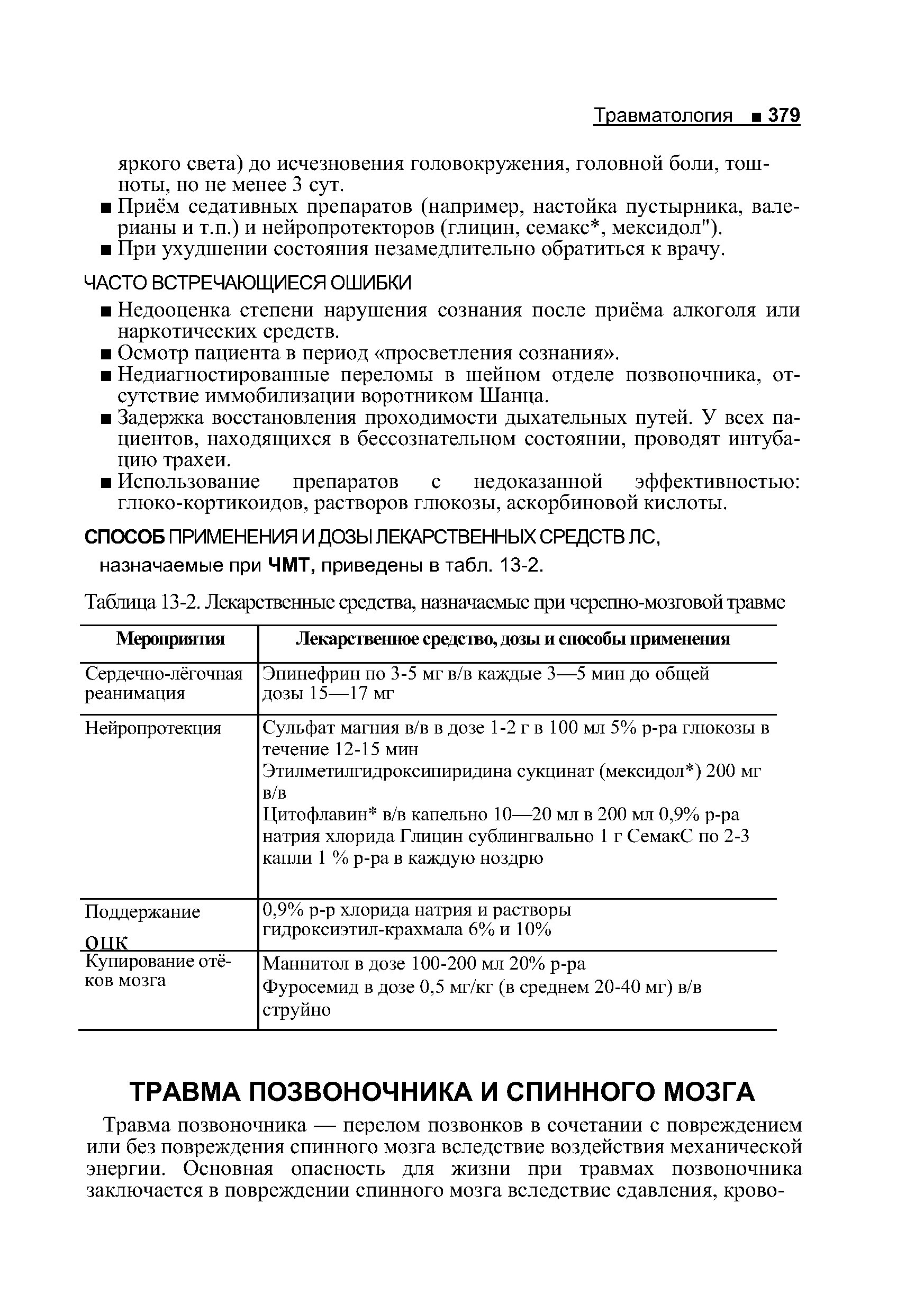 Таблица 13-2. Лекарственные средства, назначаемые при черепно-мозговой травме...