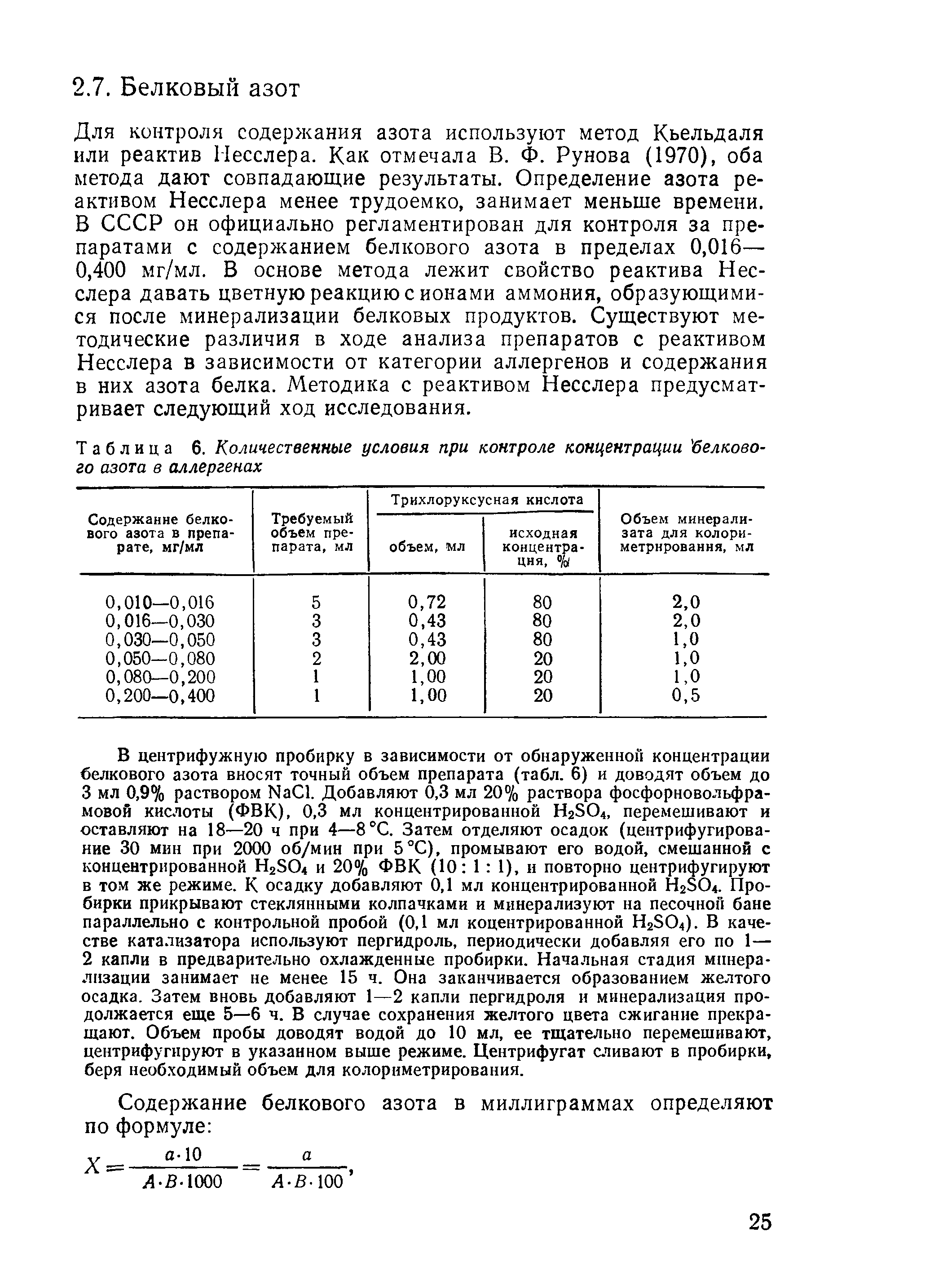 Таблица 6. Количественные условия при контроле концентрации белкового азота в аллергенах...