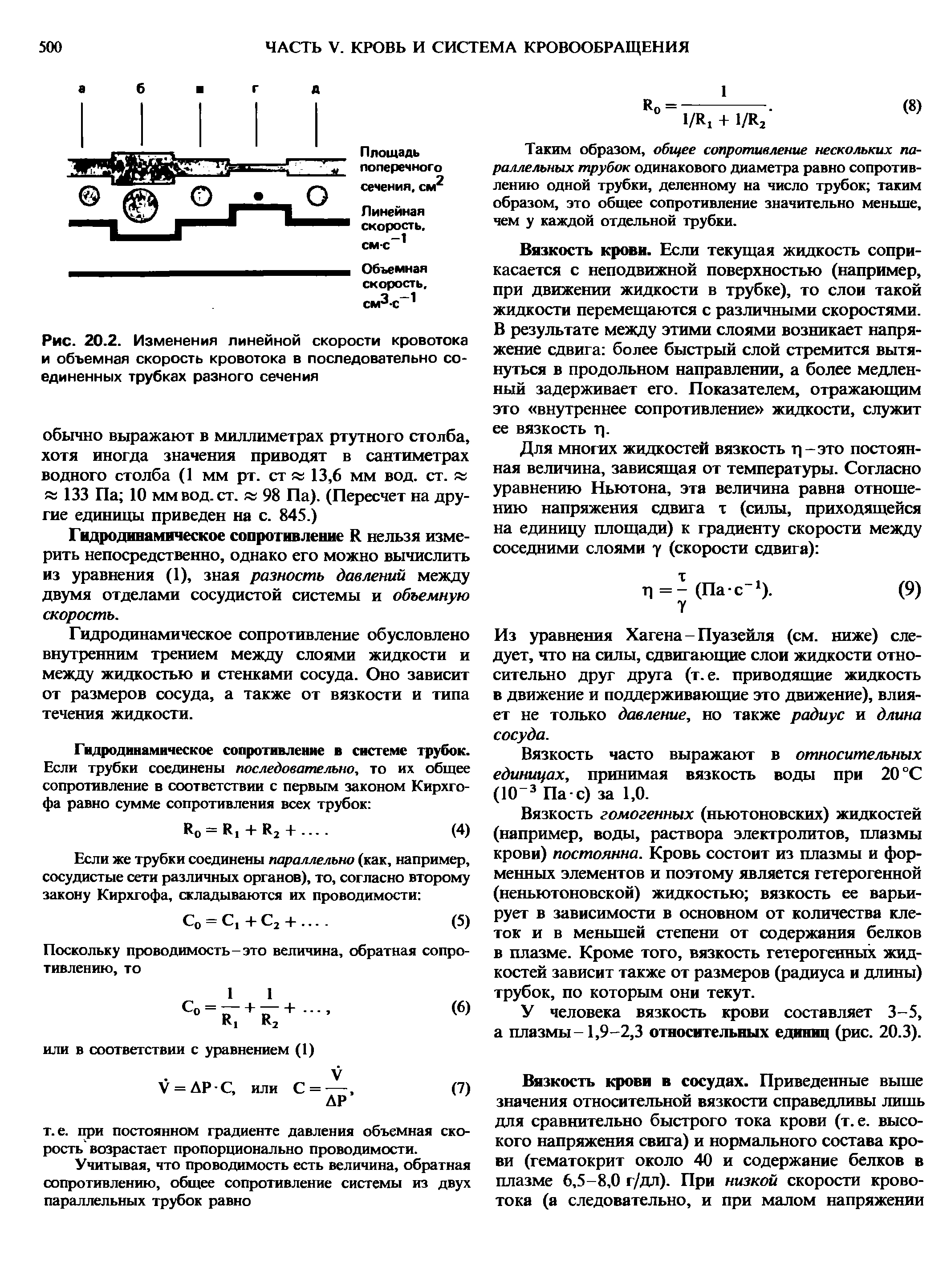 Рис. 20.2. Изменения линейной скорости кровотока и объемная скорость кровотока в последовательно соединенных трубках разного сечения...