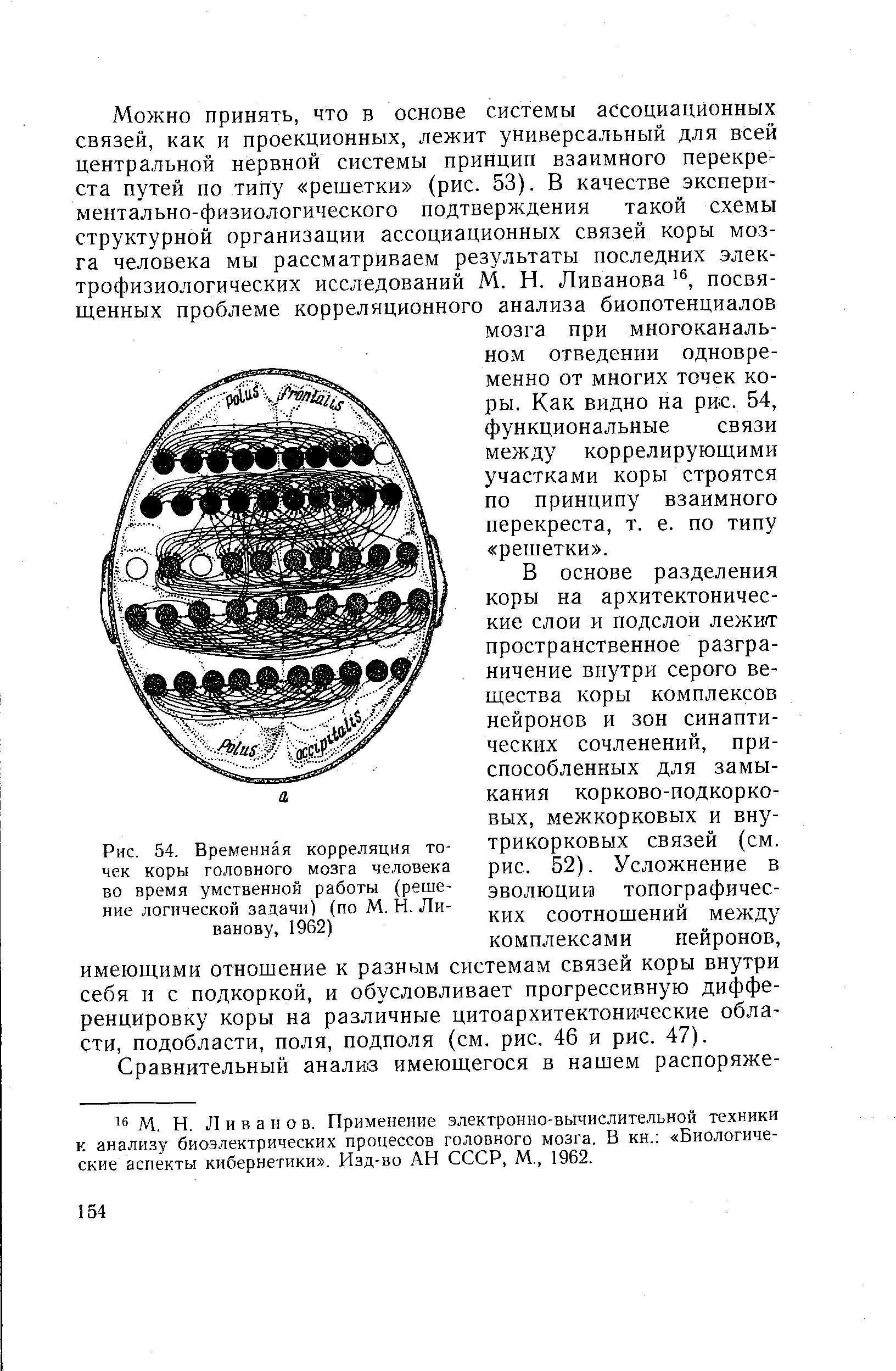 Рис. 54. Временная корреляция чек коры головного мозга человека во время умственной работы (решение логической задачи) (по М. Н. Ливанову, 1962)...