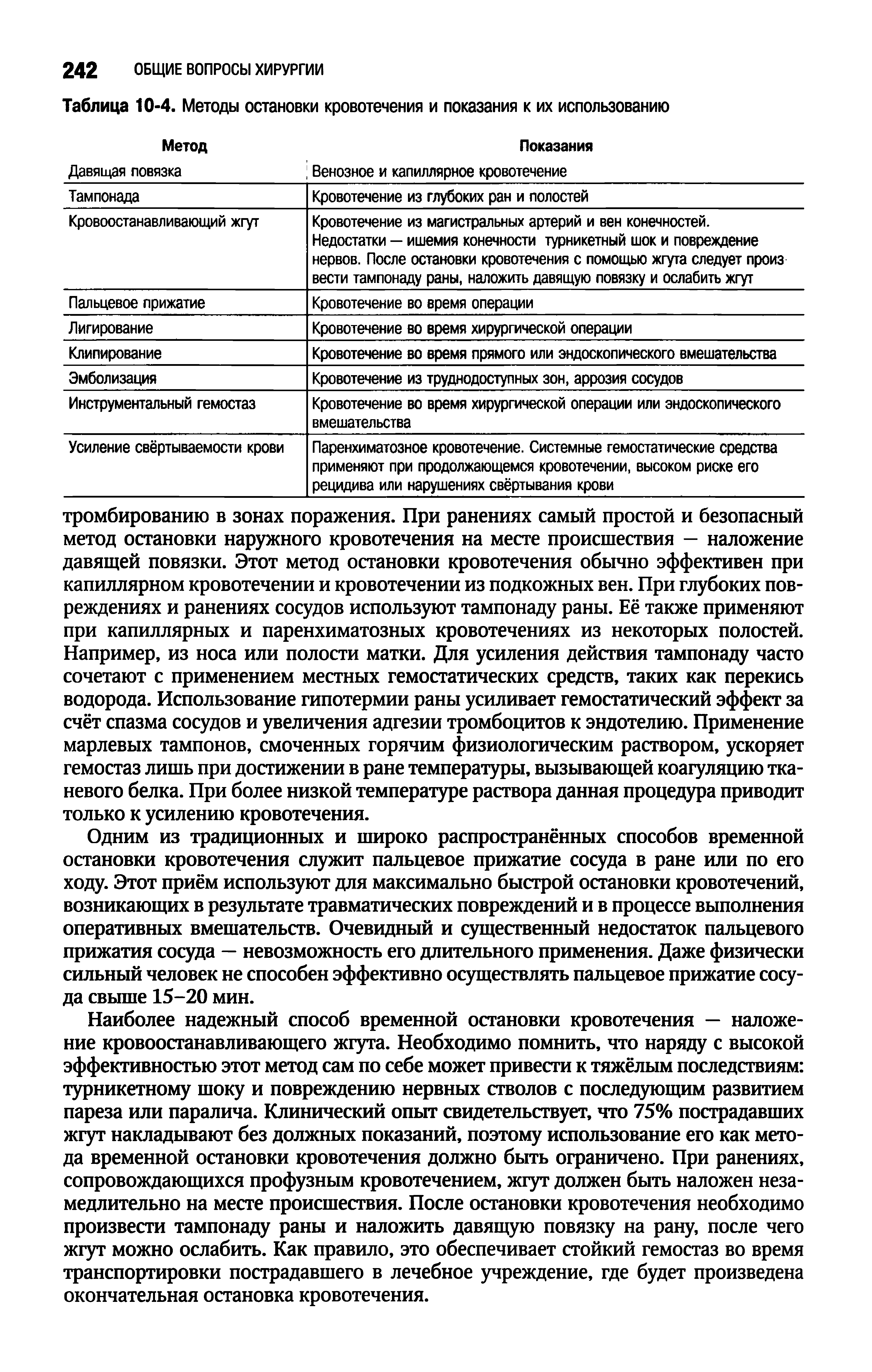 Таблица 10-4. Методы остановки кровотечения и показания к их использованию...