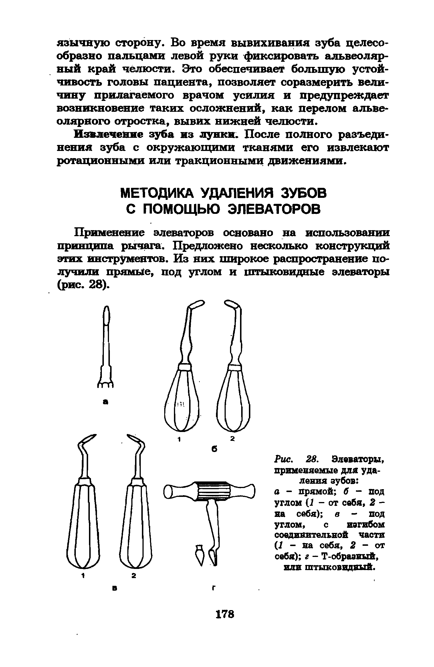 Рис. 28. Элеваторы, применяемые для удаления зубов а - прямой б - под углом (1 - от себя, 2 -на себя) в - под углом, с изгибом соединительной части (У - на себя, 2 - от себя) г - Т-образный, или штыковидиый.