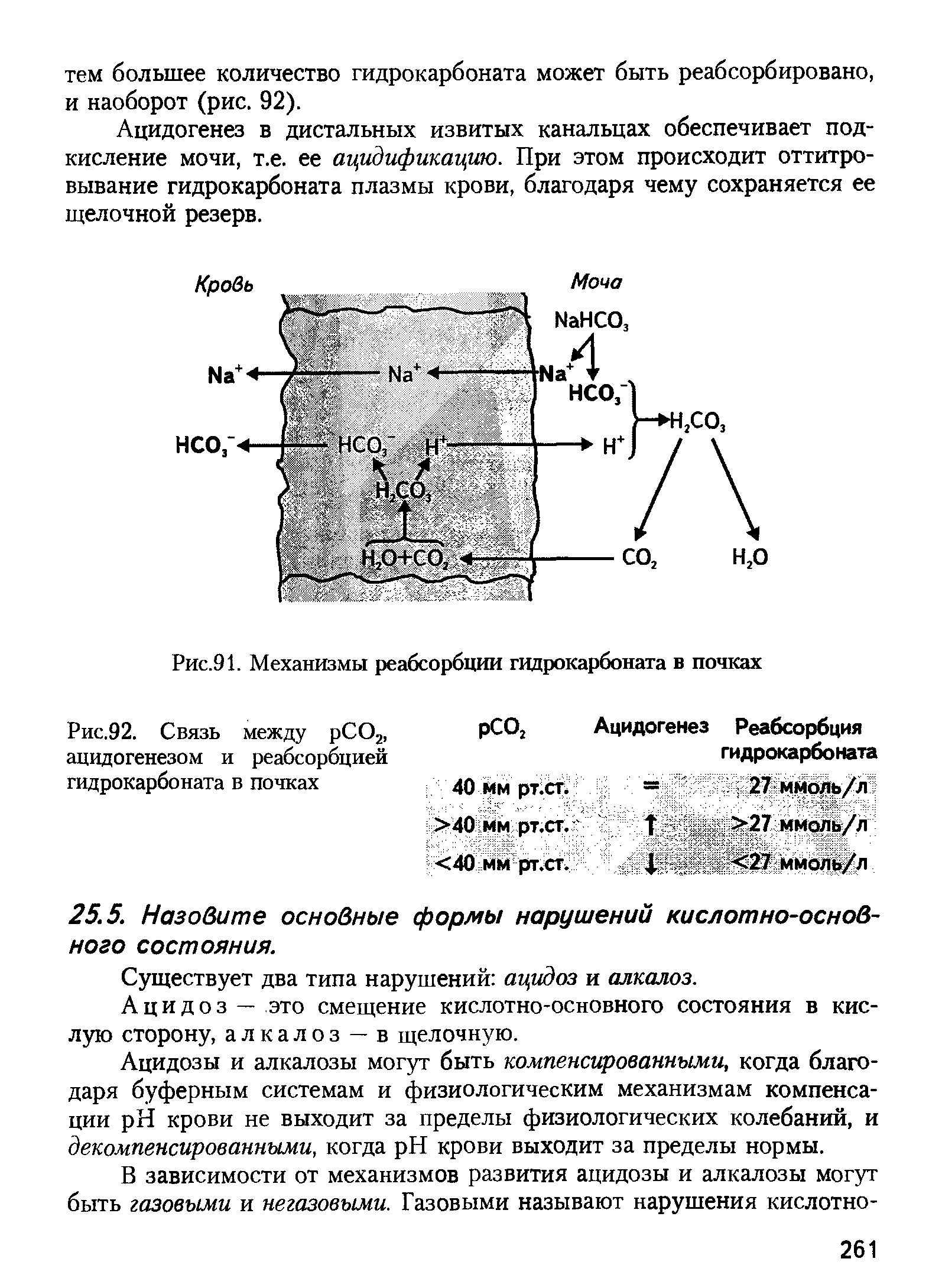 Рис.92. Связь между рСО2, ацидогенезом и реабсорбцией гидрокарбоната в почках...