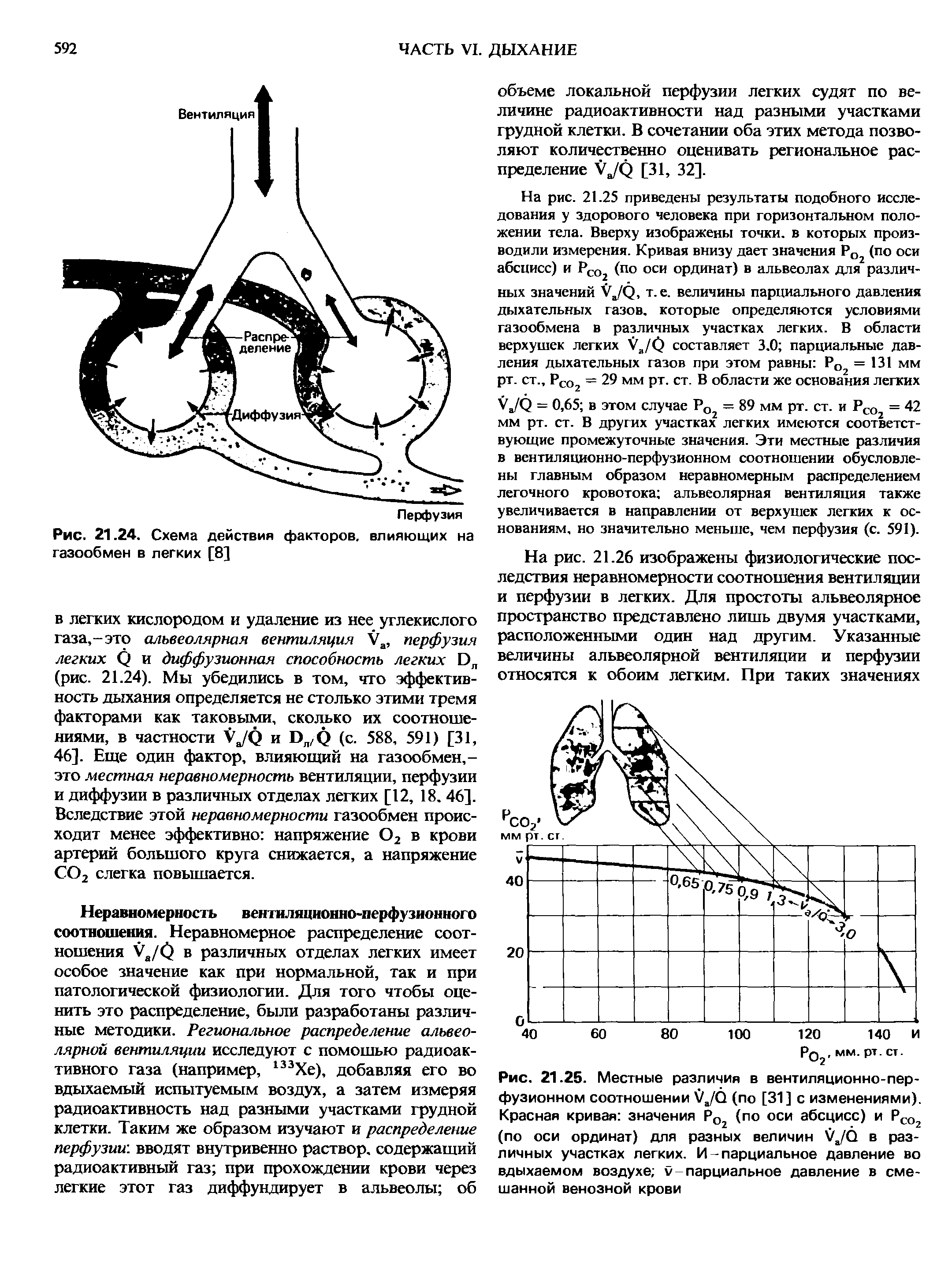 Рис. 21.24. Схема действия факторов, влияющих на газообмен в легких [8]...