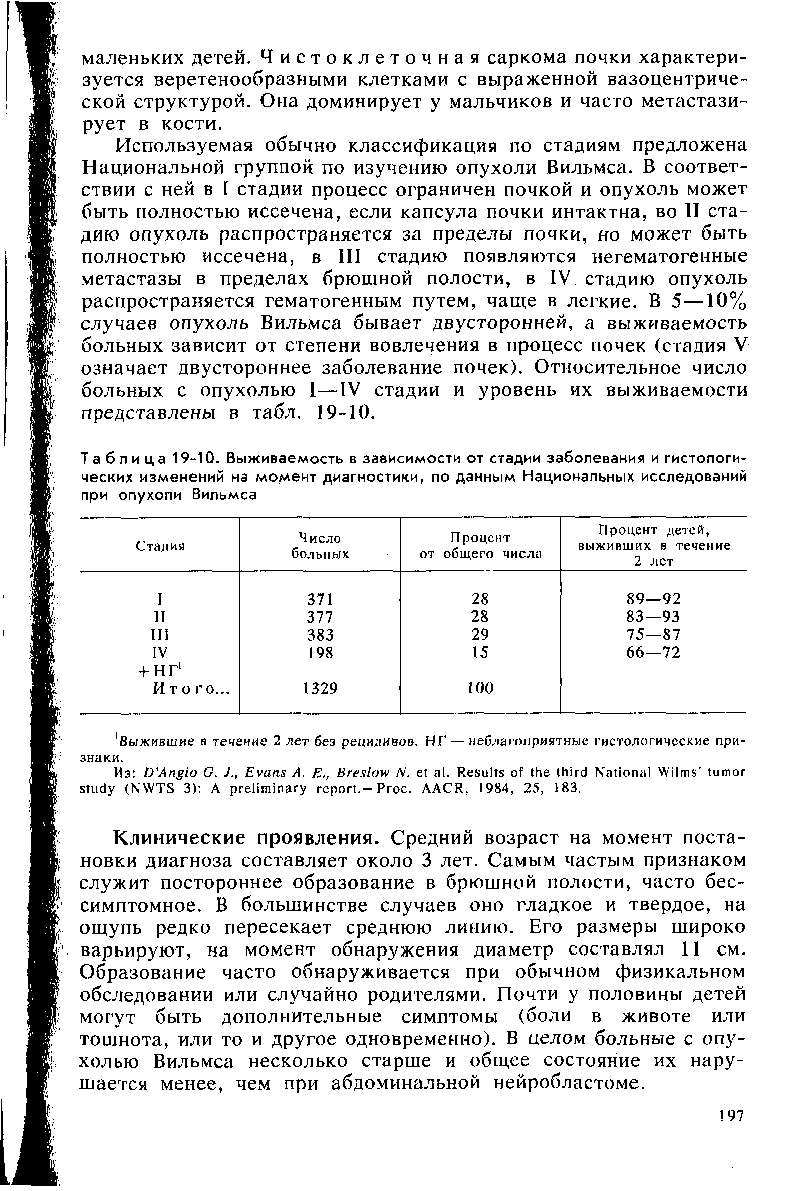 Таблица 19-10. Выживаемость в зависимости от стадии заболевания и гистологических изменений на момент диагностики, по данным Национальных исследований при опухоли Вильмса...