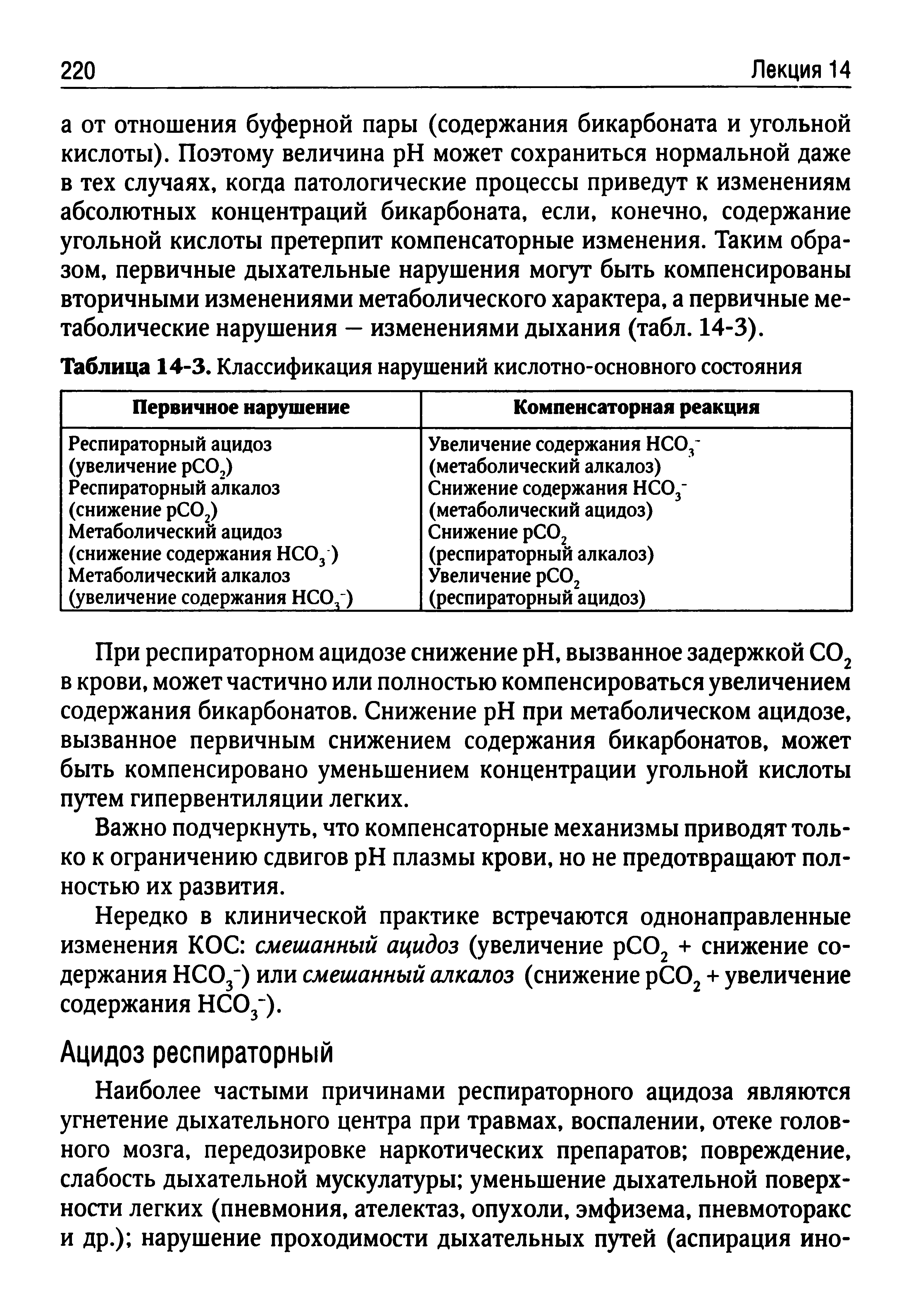 Таблица 14-3. Классификация нарушений кислотно-основного состояния...