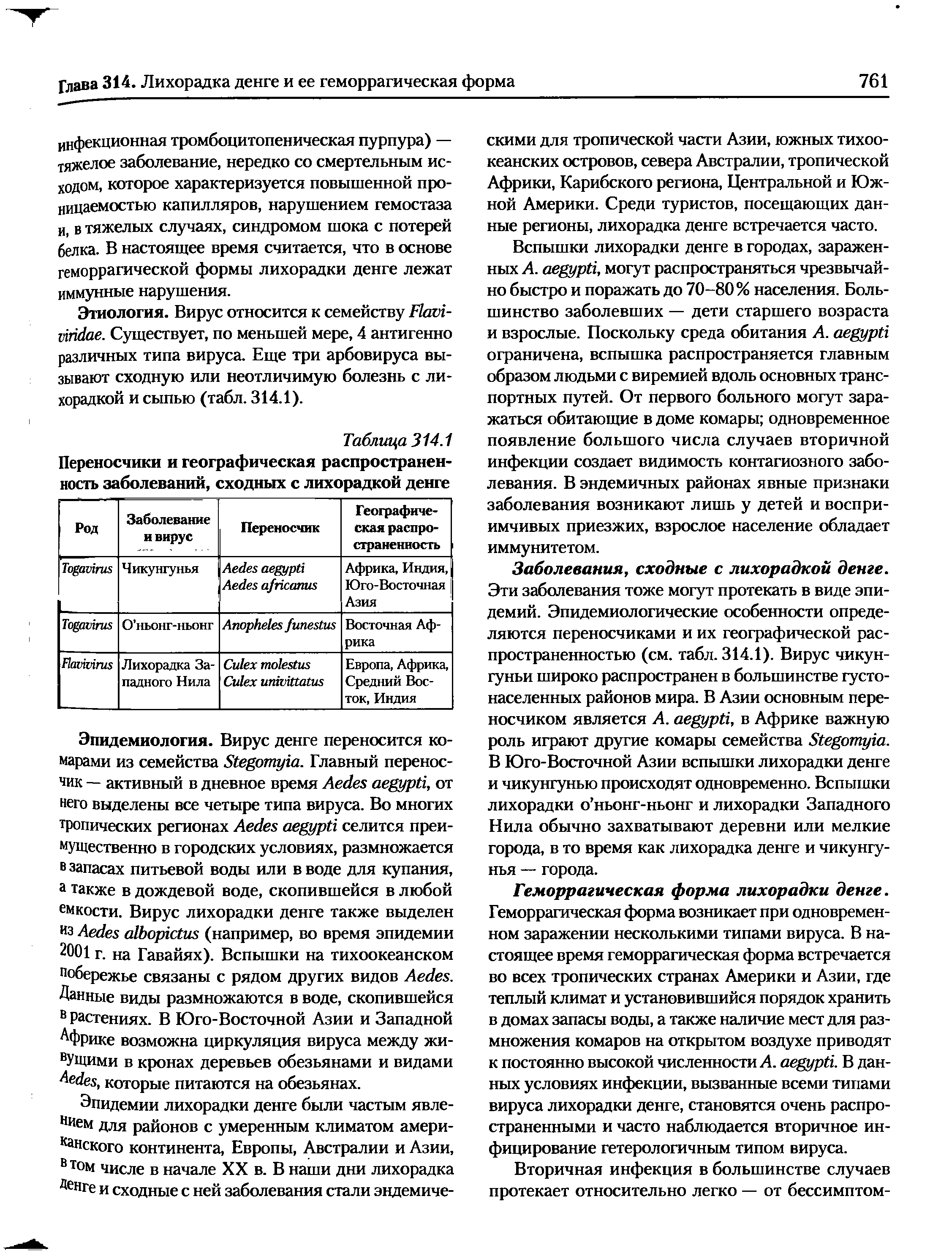 Таблица 314.1 Переносчики и географическая распространенность заболеваний, сходных с лихорадкой денге...