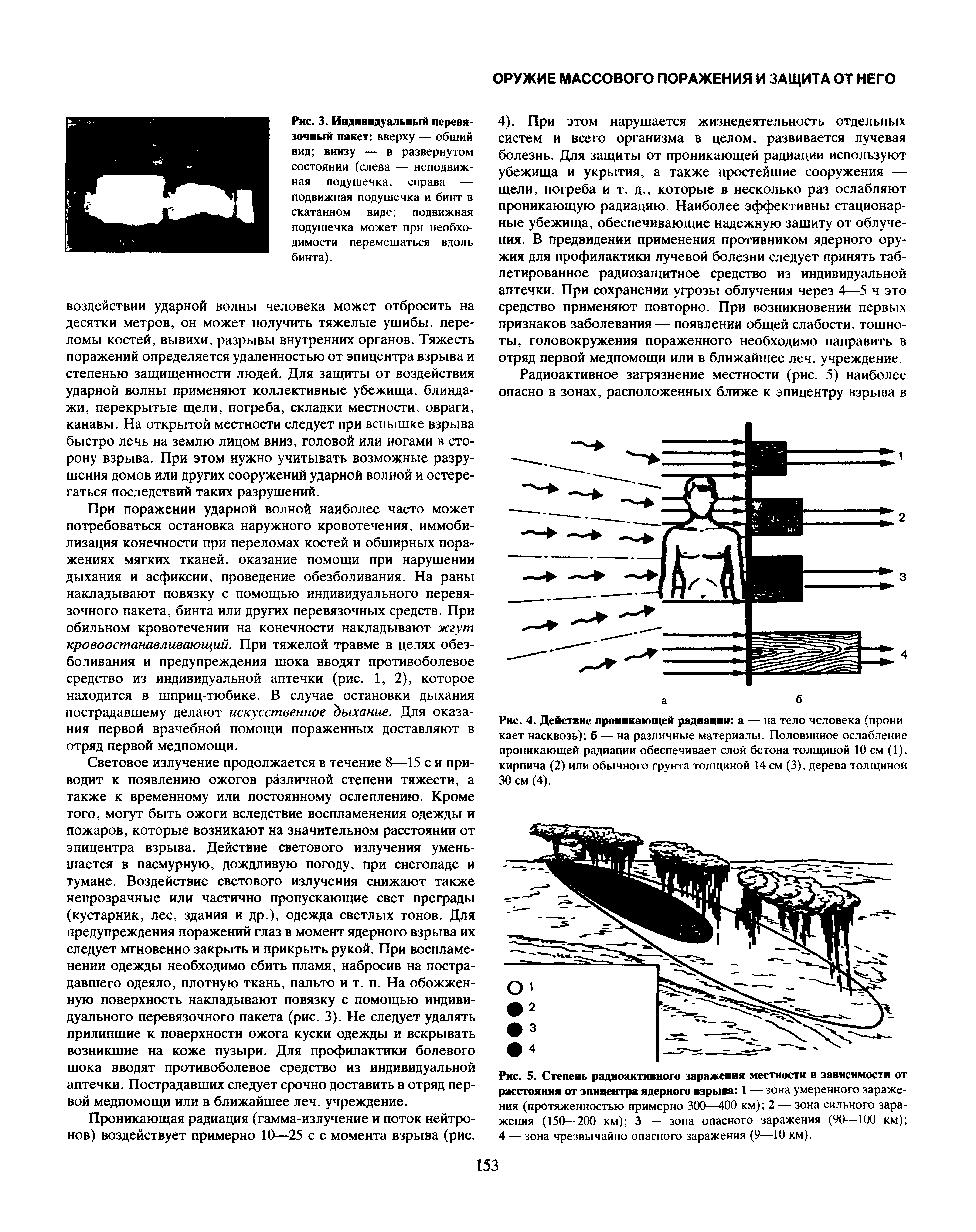 Рис. 4. Действие проникающей радиации а — на тело человека (проникает насквозь) б — на различные материалы. Половинное ослабление проникающей радиации обеспечивает слой бетона толщиной 10 см (1), кирпича (2) или обычного грунта толщиной 14 см (3), дерева толщиной 30 см (4).