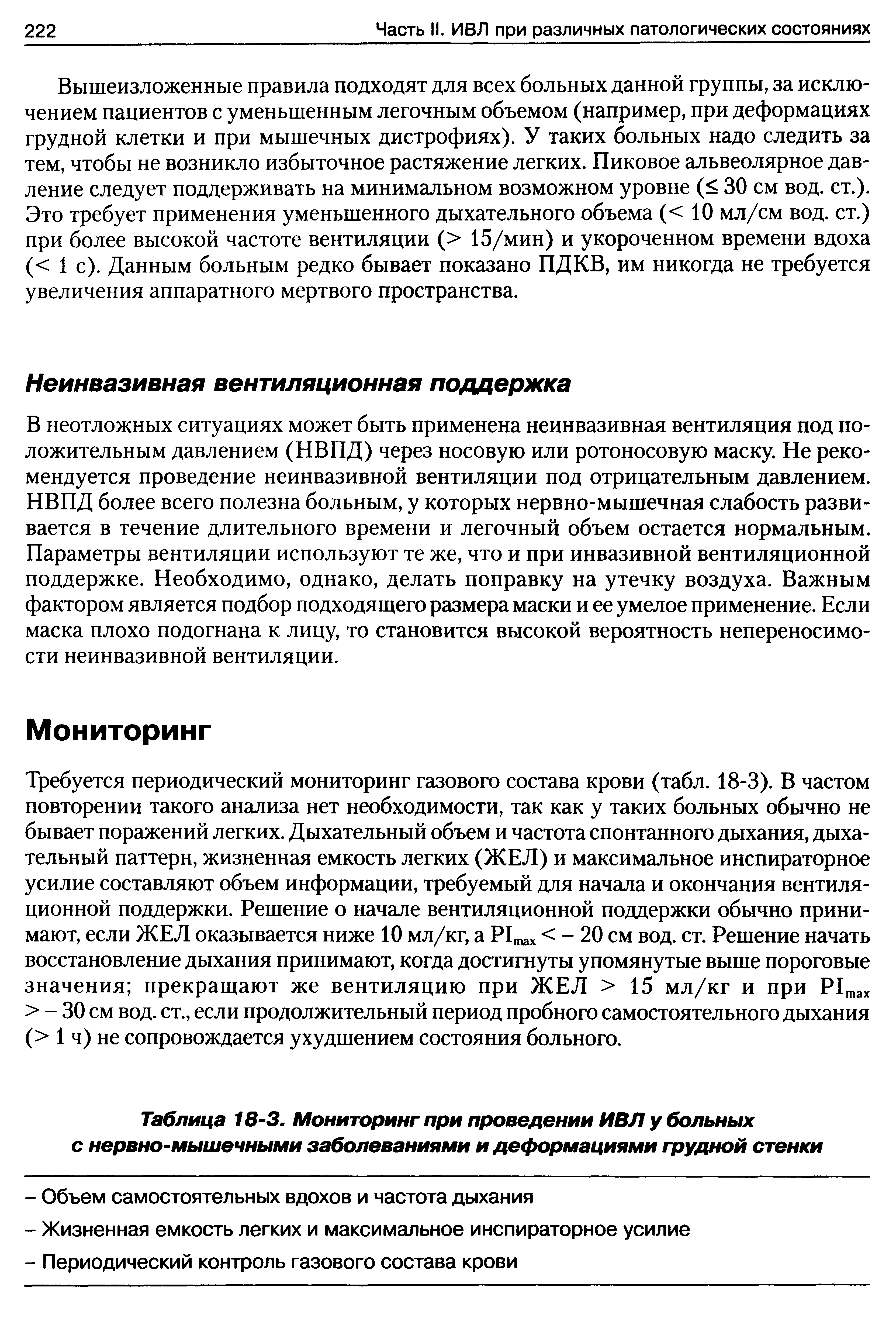 Таблица 18-3. Мониторинг при проведении ИВЛ у больных с нервно-мышечными заболеваниями и деформациями грудной стенки...