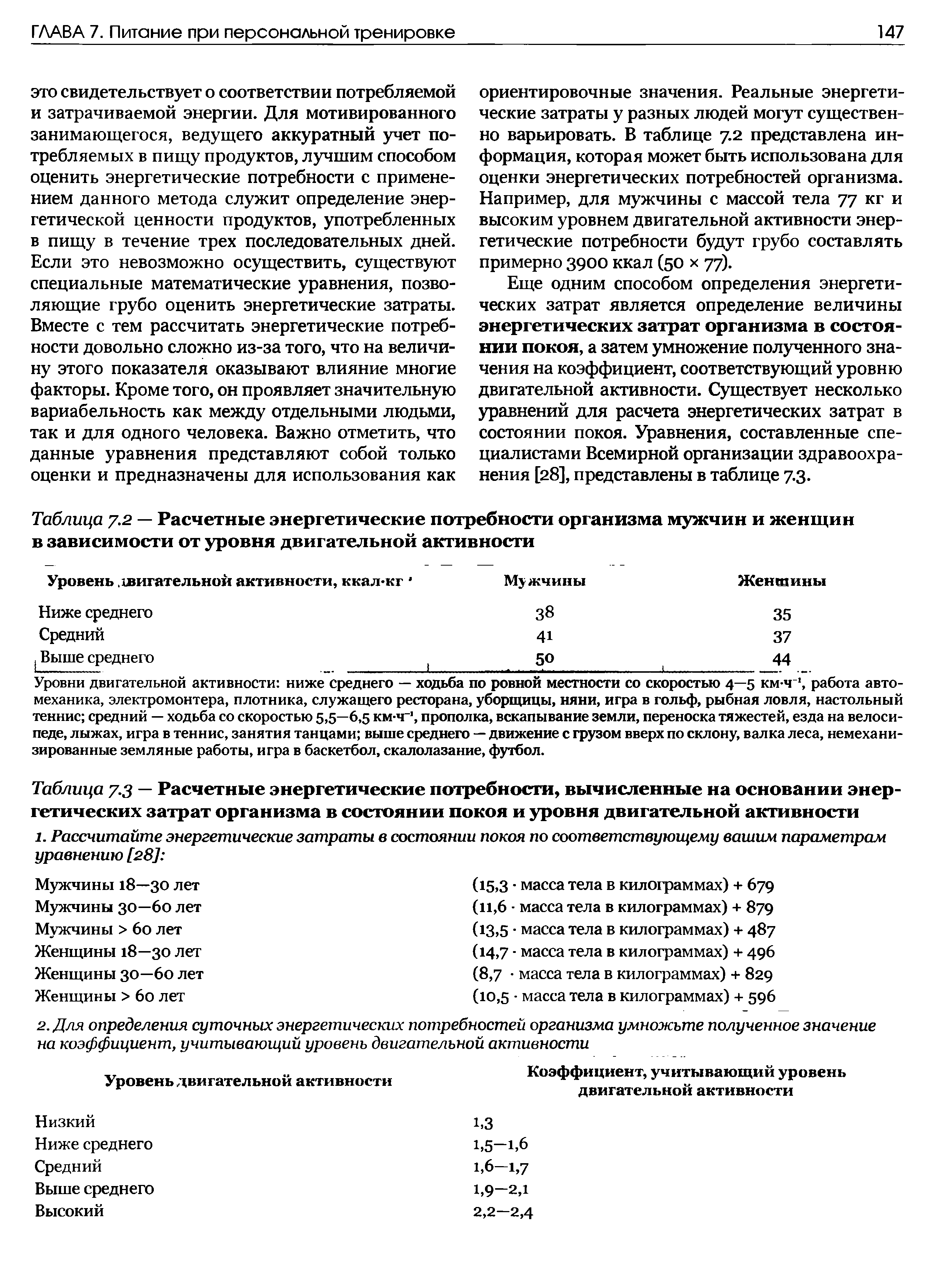 Таблица 7.3 — Расчетные энергетические потребности, вычисленные на основании энергетических затрат организма в состоянии покоя и уровня двигательной активности...