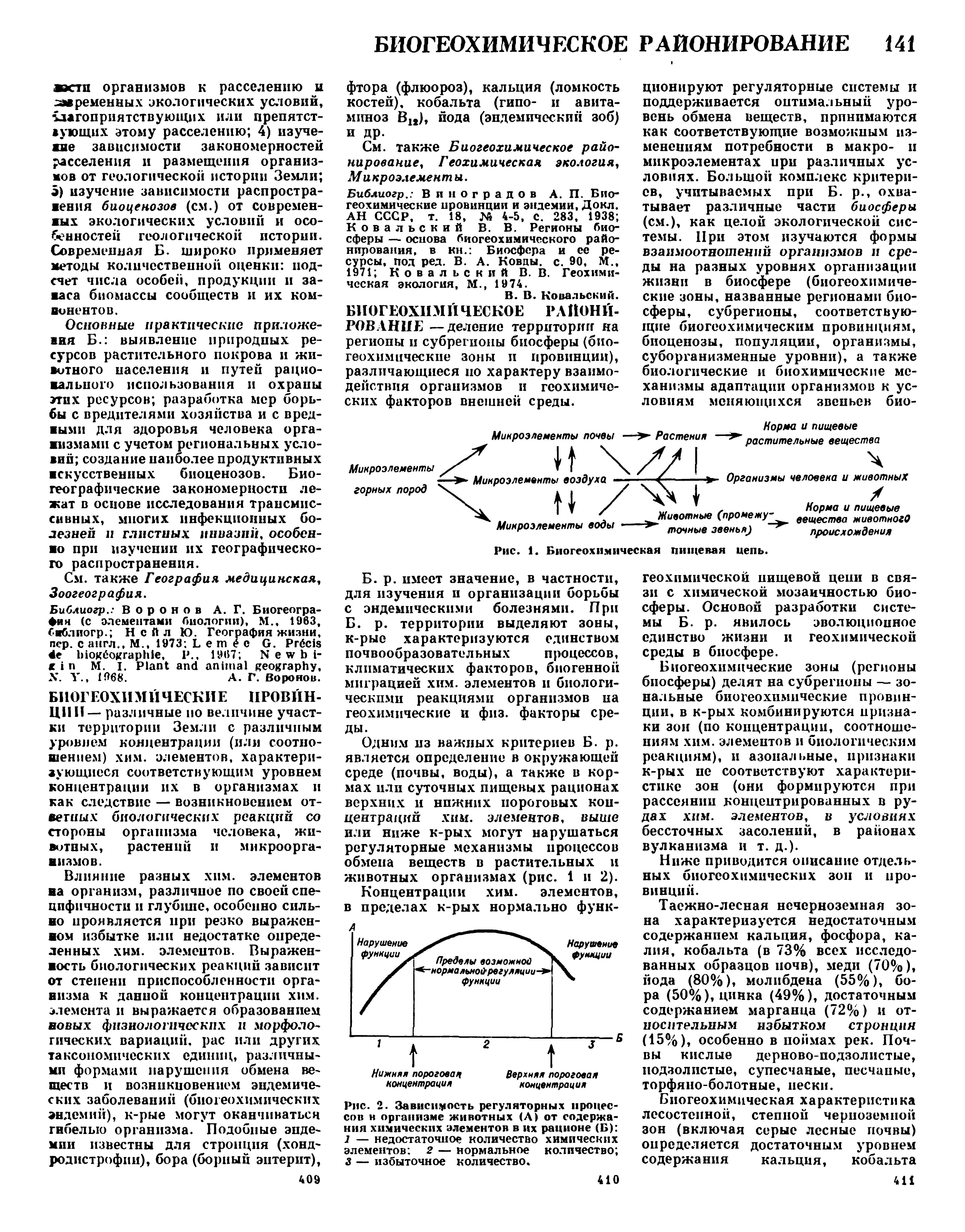 Рис. 2. Зависимость регуляторных процессов в организме животных (А) от содержания химических элементов в их рационе (Б) 1 — недостаточное количество химических элементов 2 — нормальное количество 3 — избыточное количество.