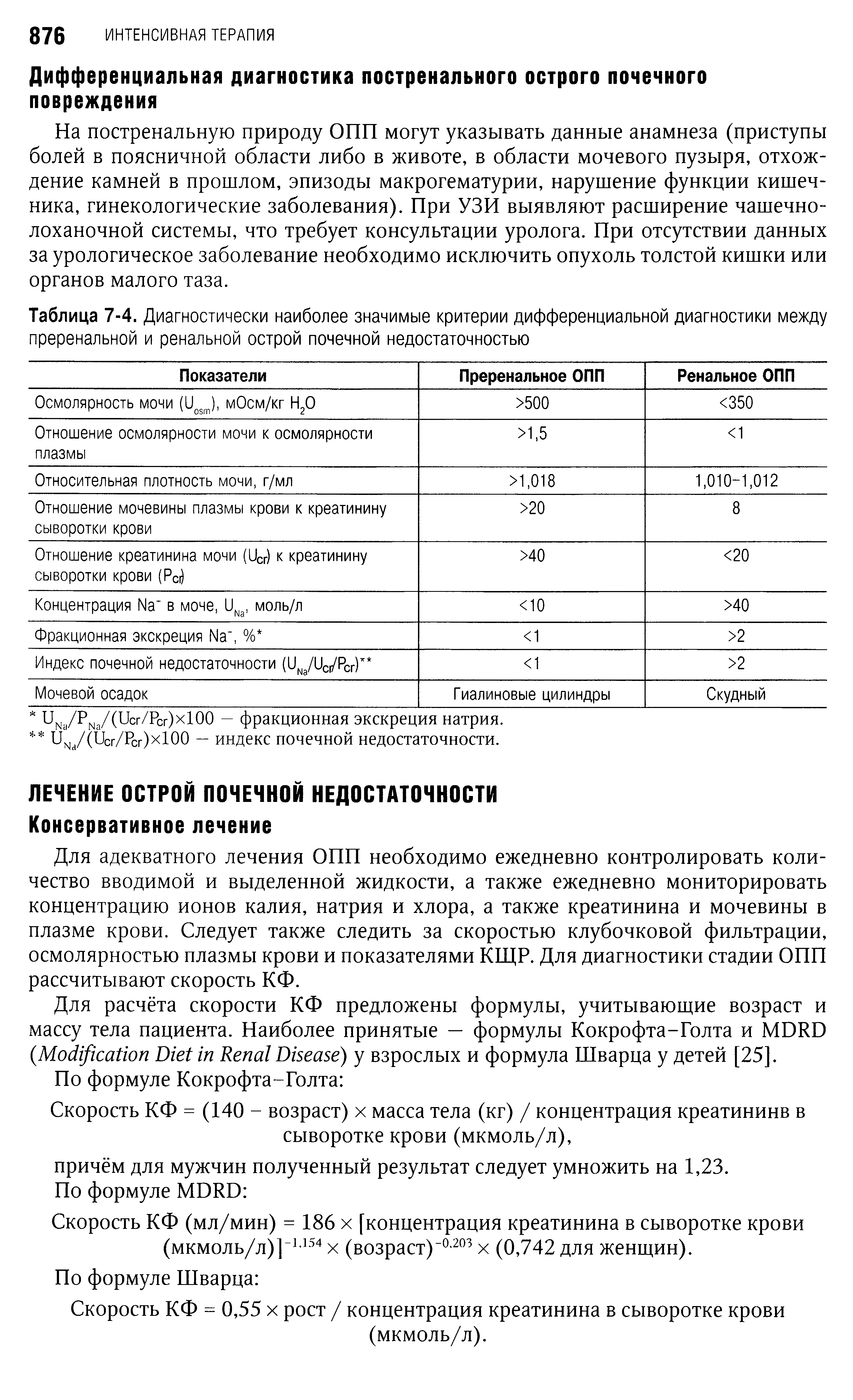 Таблица 7-4. Диагностически наиболее значимые критерии дифференциальной диагностики между преренальной и ренальной острой почечной недостаточностью...