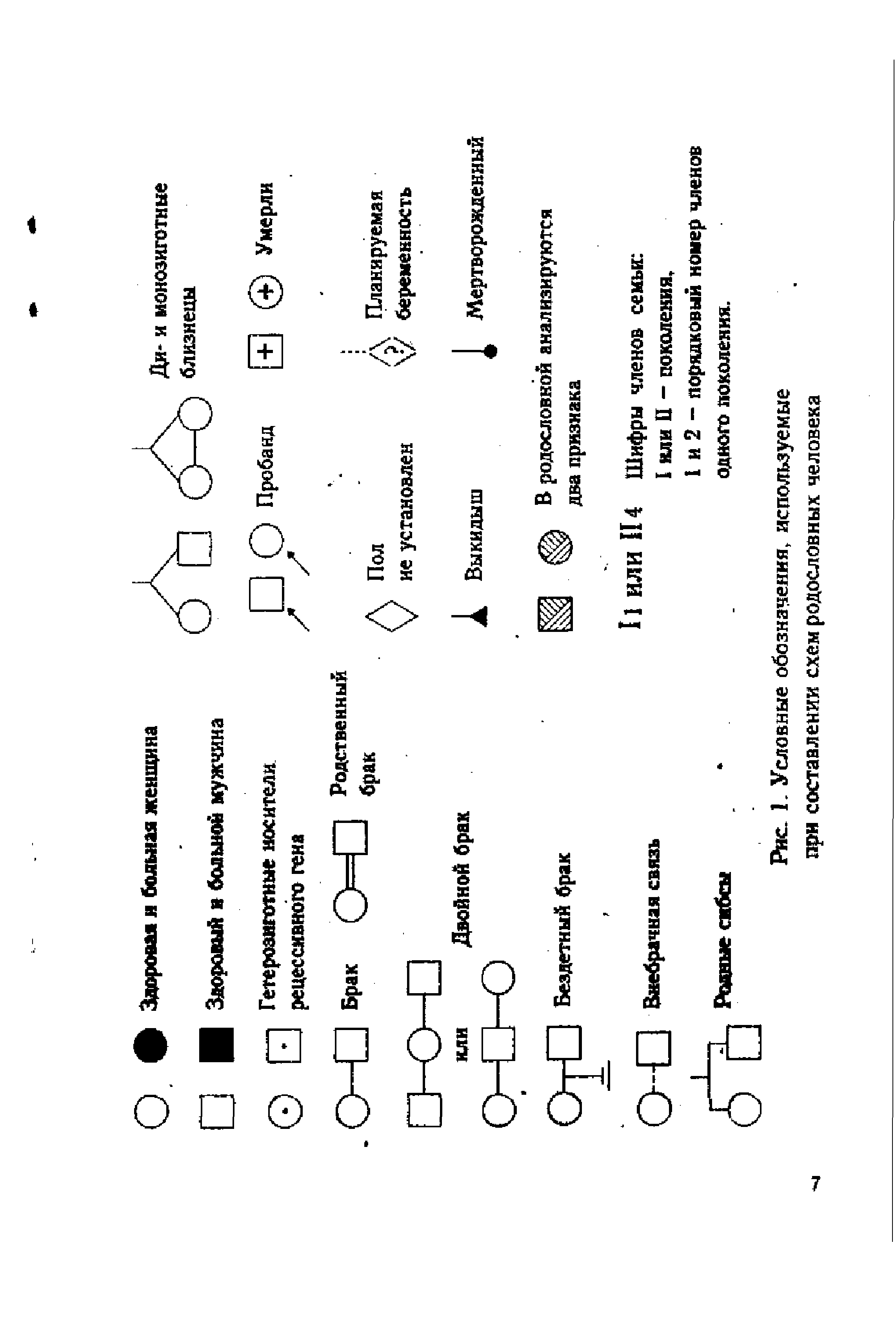Рис. 1. Условные обозначения, используемые при составлении схем родословных человека...